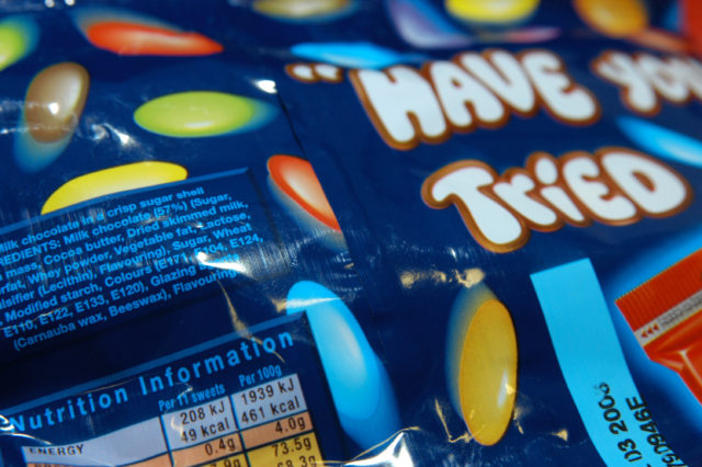 A packet of sweets showing nutritional information