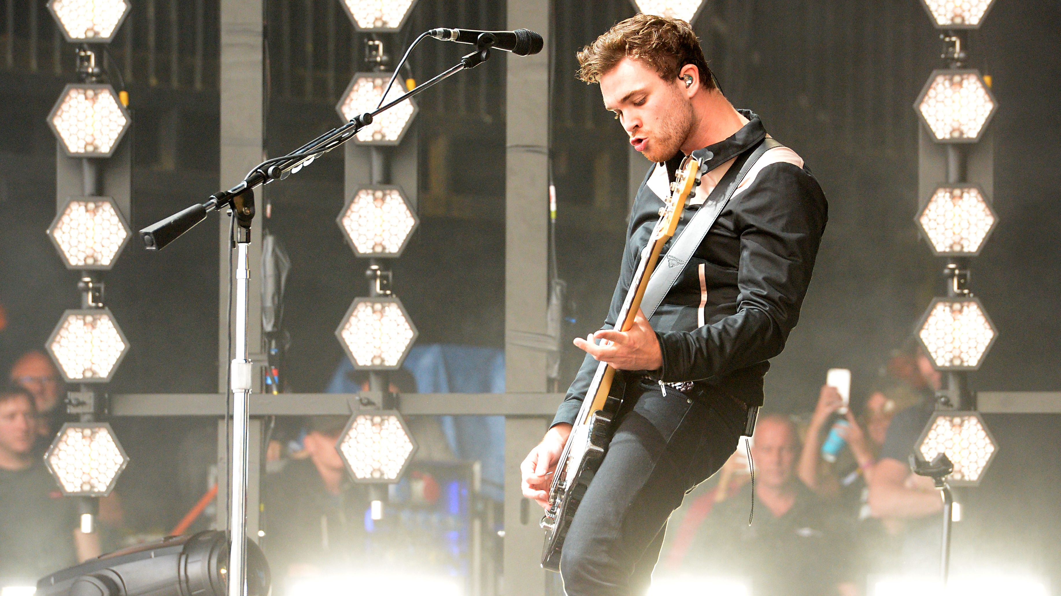 Mike Kerr of Royal Blood performing on The Pyramid Stage at Glastonbury Festival, at Worthy Farm in Somerset.