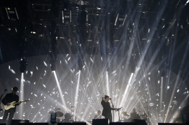Radiohead performing on the Pyramid Stage, at the Glastonbury Festival at Worthy Farm in Pilton, Somerset.