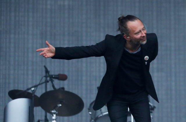Thom Yorke of Radiohead performs on the Pyramid Stage at  Glastonbury Festival 