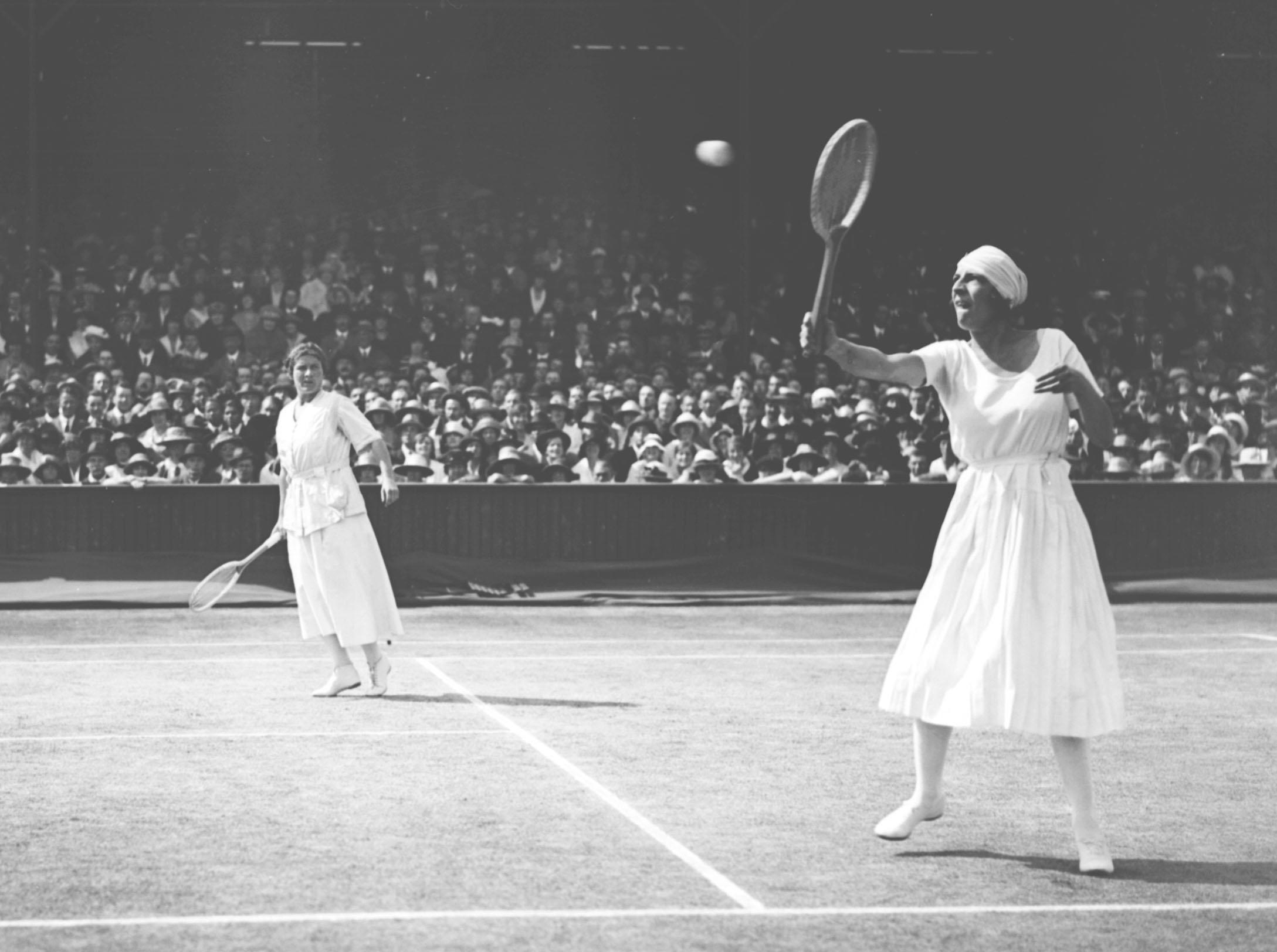 Mlle. Lenglen and Miss Ryan beating Mrs Larcombe and Mrs Lambert Chambers in the finals of the Ladies Doubles at Wimbledon for the World's Championship (PA)