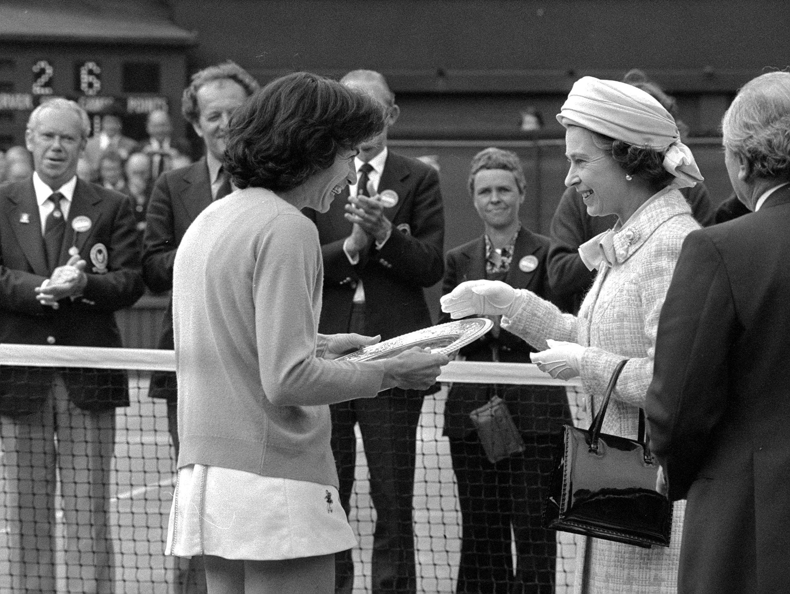 Virginia Wade receives the Challenge Trophy from <a href=