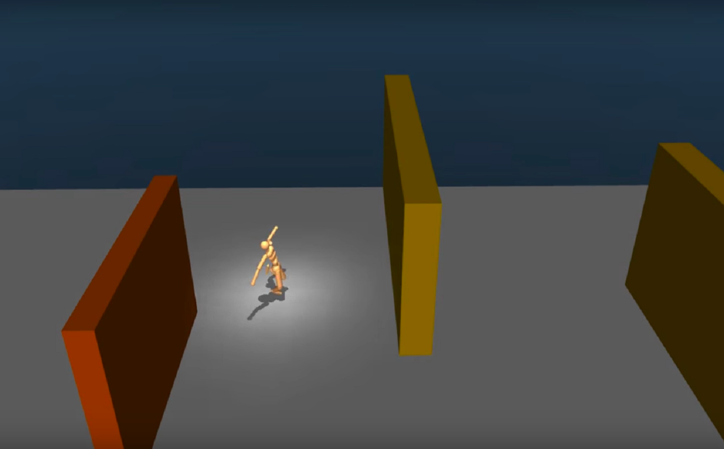 The humanoid figure running through obstacles