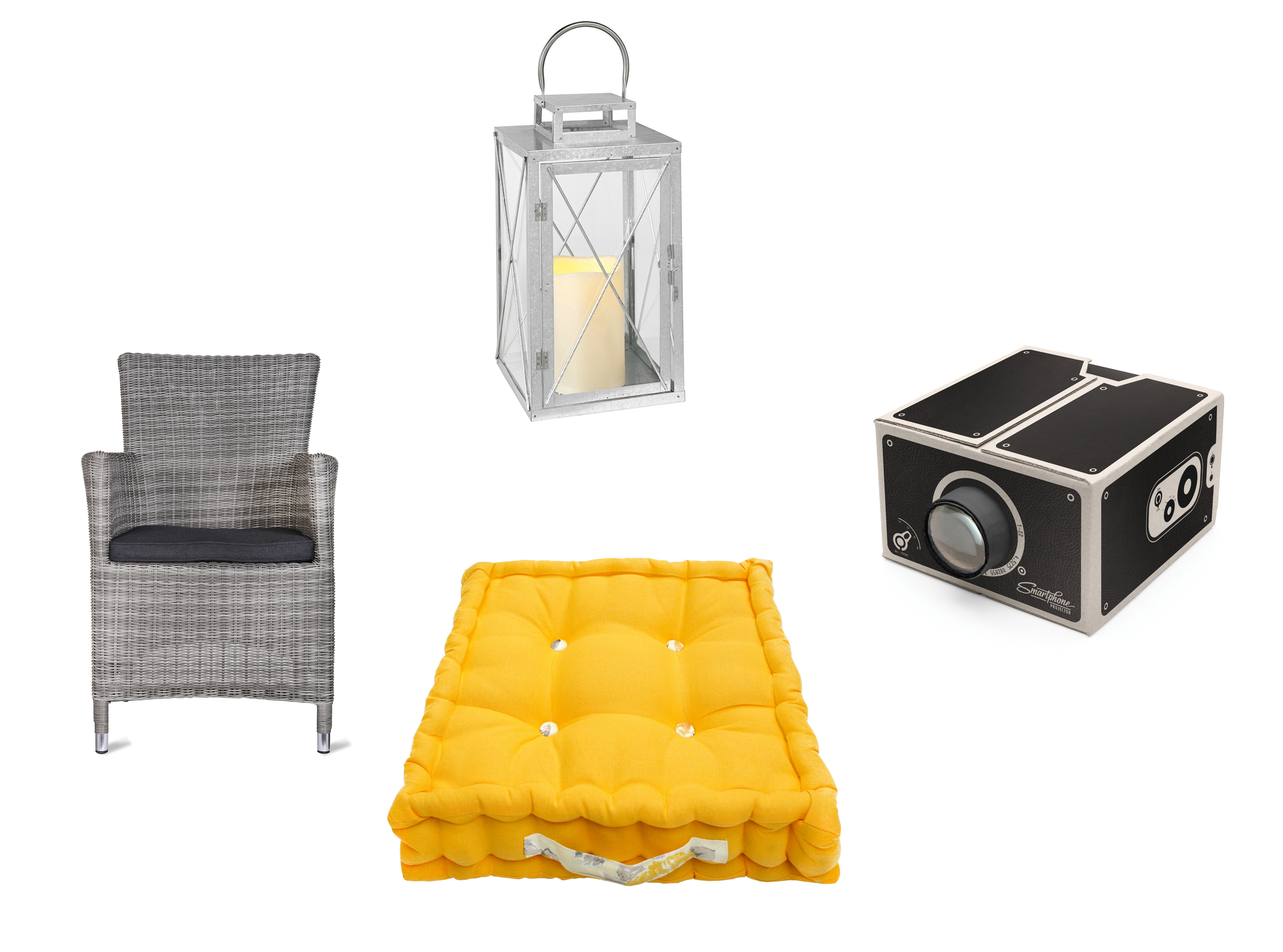 Film finds: (Clockwise from left) Driffield All-weather Rattan Chair, £170, Garden Trading; St Austell Battery Outdoor Lantern, £29.99, Lights4Fun; Smartphone Projector, £15.99, Prezzybox; Jacky Golden Yellow Garden Floor Cushion, £35, Ragged Rose (Garden Trading/Lights4Fun/Prezzybox/Ragged Rose/PA)