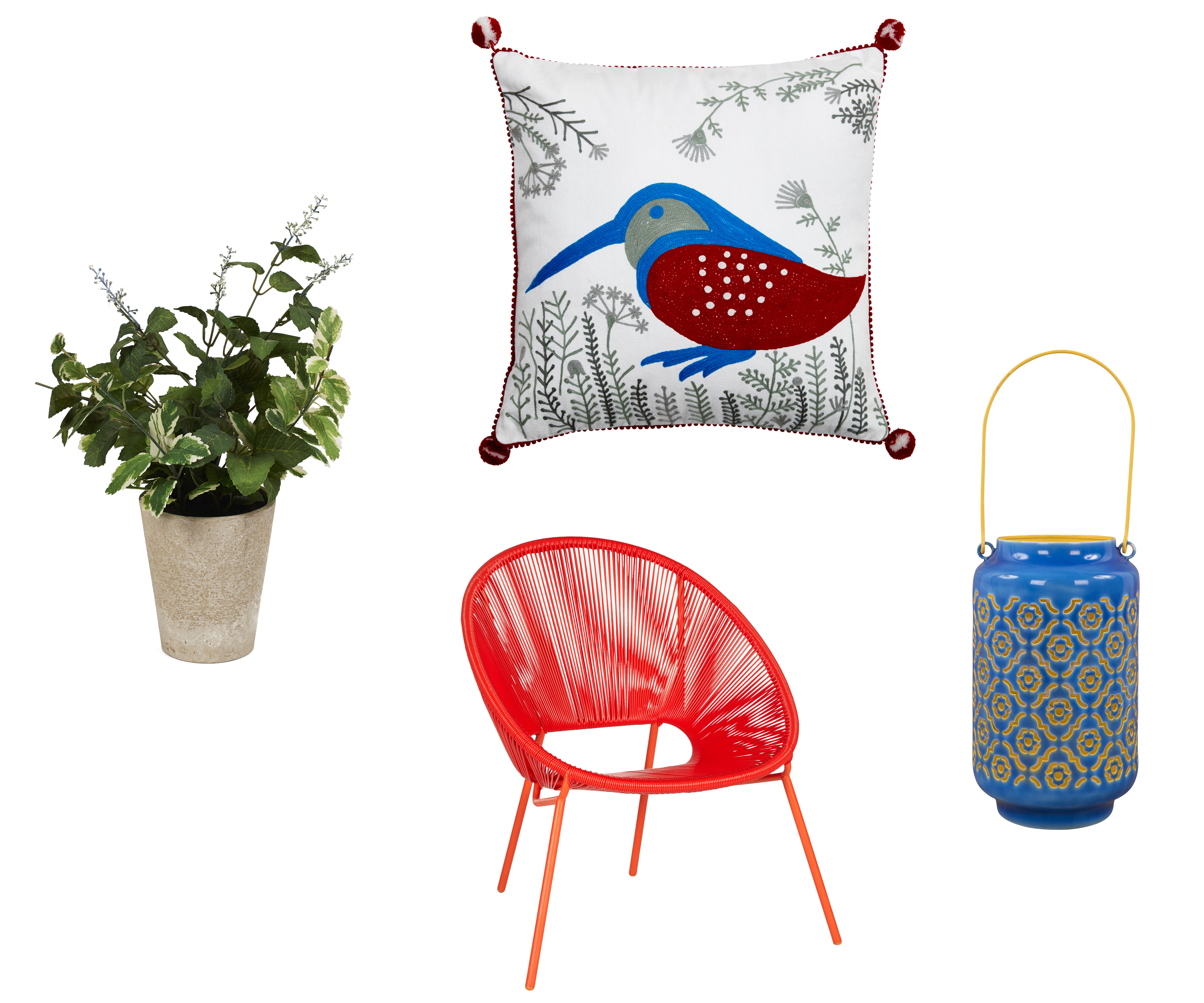Balcony buys: (Clockwise from left) Faux Culpepper Flowering Herb, £16, Neptune; Kingfisher Cushion, £36.95, Pignut; Enamelled Ethnic Lantern, blue, £52, Out There Interiors, and House by John Lewis Salsa Garden Chair in Chilli, £120 for set of two (Neptune/Pignut/Out There Interiors/John Lewis/PA)