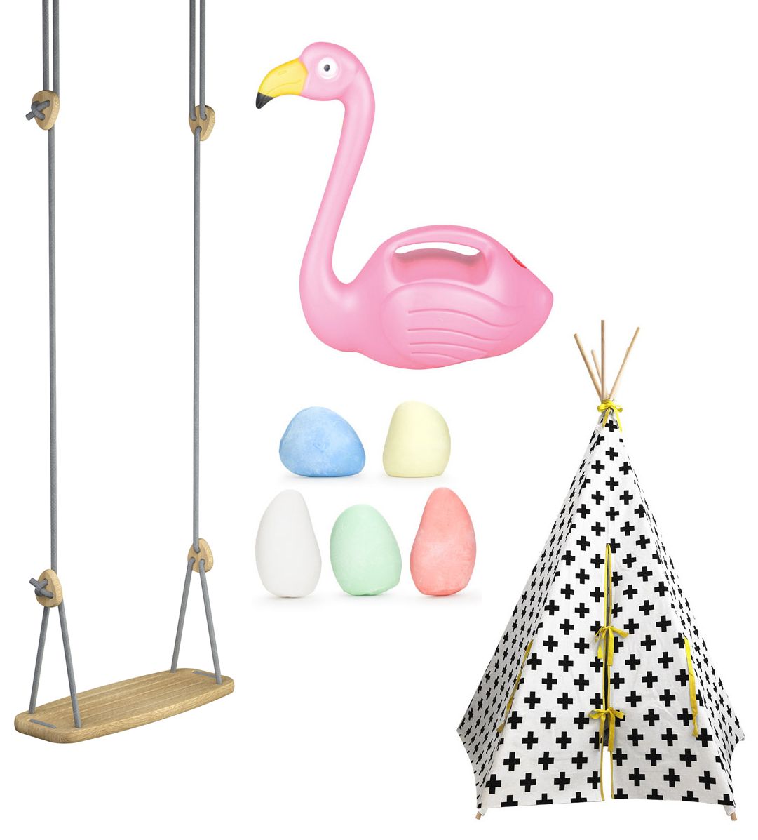 Child's Play: (Clockwise from left) Indoor/Outdoor Swing with Oak Seat and Grey Ropes, £139, Bobby Rabbit; Flamingo Watering Can, £7.99, Totally Funky; Kikkerland Chalk Pebble, £5 for set of five, Amazon; Wildfire Tepee, £135, The Modern Nursery (Bobby Flamingo/Totally Funky/Amazon/The Modern Nursery/PA)
