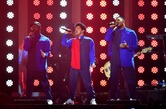 Bruno Mars performing on stage at the Brit Awards at the O2 Arena, London.