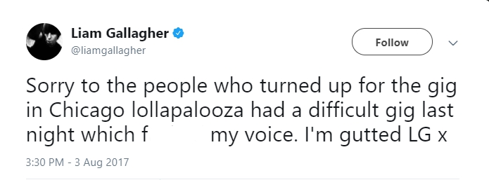 Liam Gallagher tweeted his disappointment (Twitter/PA)