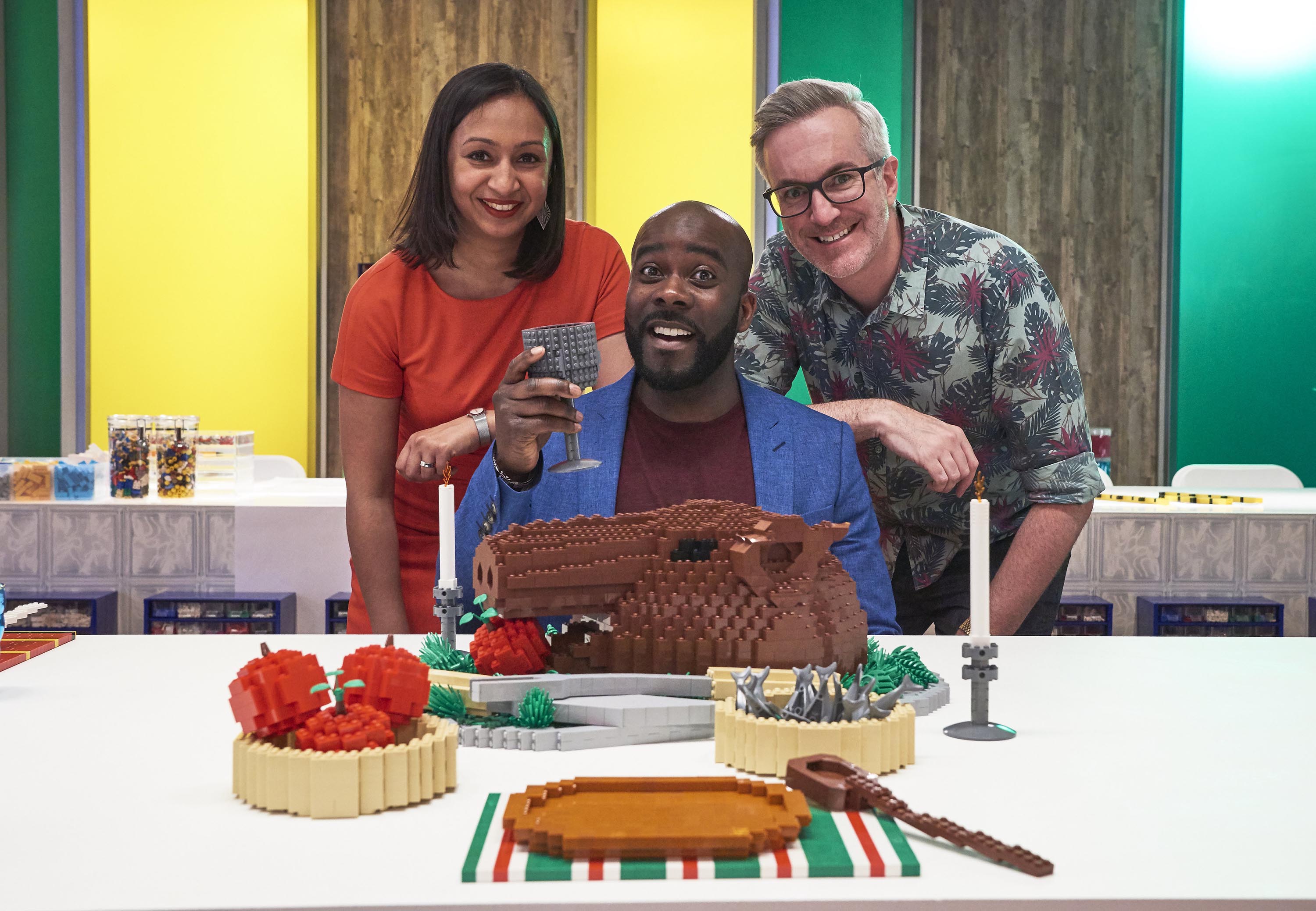 Melvin Odoom (centre) joins Lego Masters with Roma Agrawal and Matthew Aston.