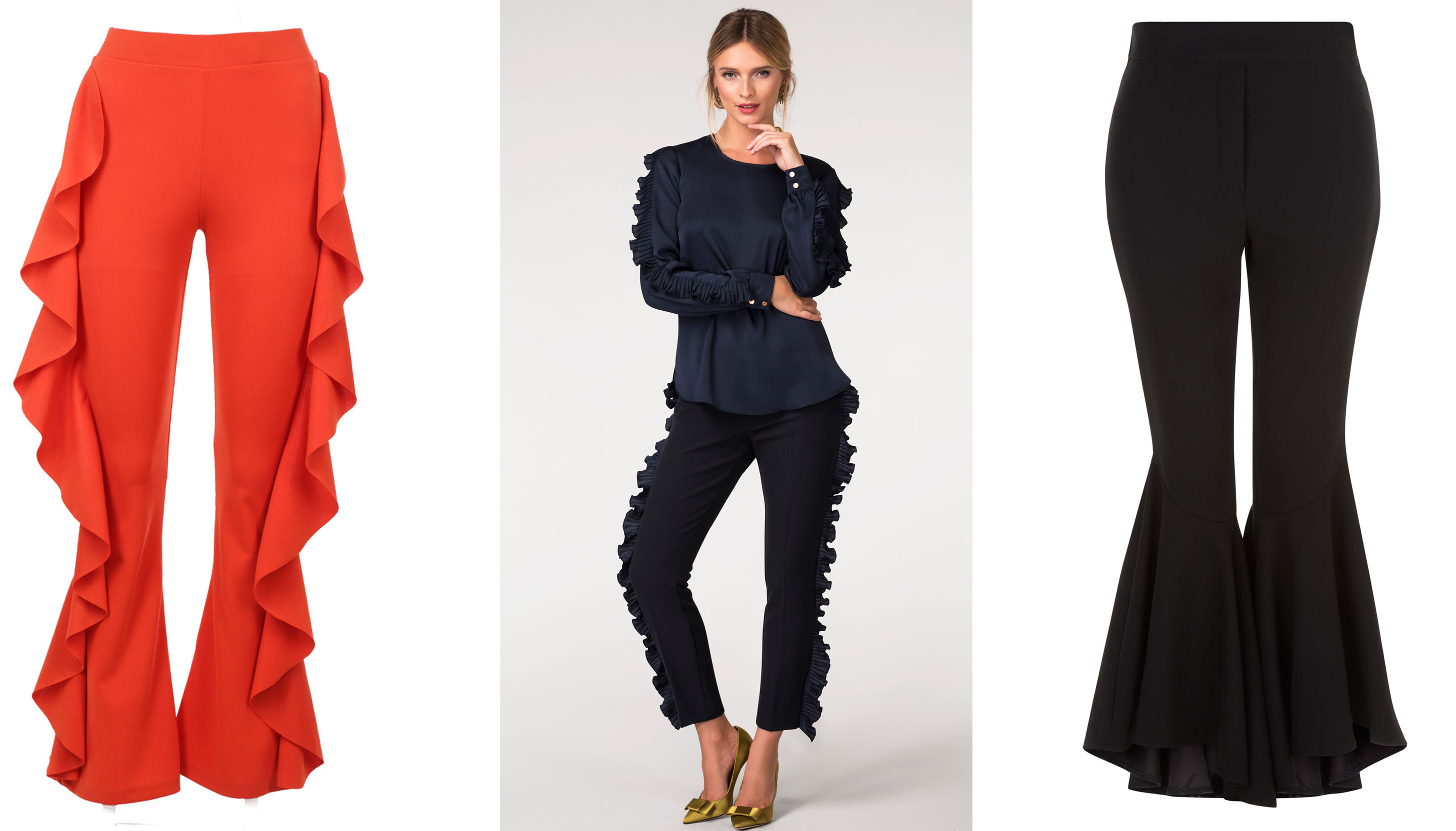 Nasty Gal Play the Game Ruffle Pants, £25; Closet Navy Sleeves Frills Blouse, £48, Slim Trouser with Frill, £55; Style Maffia Ruffle Hem Trousers, £149.99, OwntheLook.com