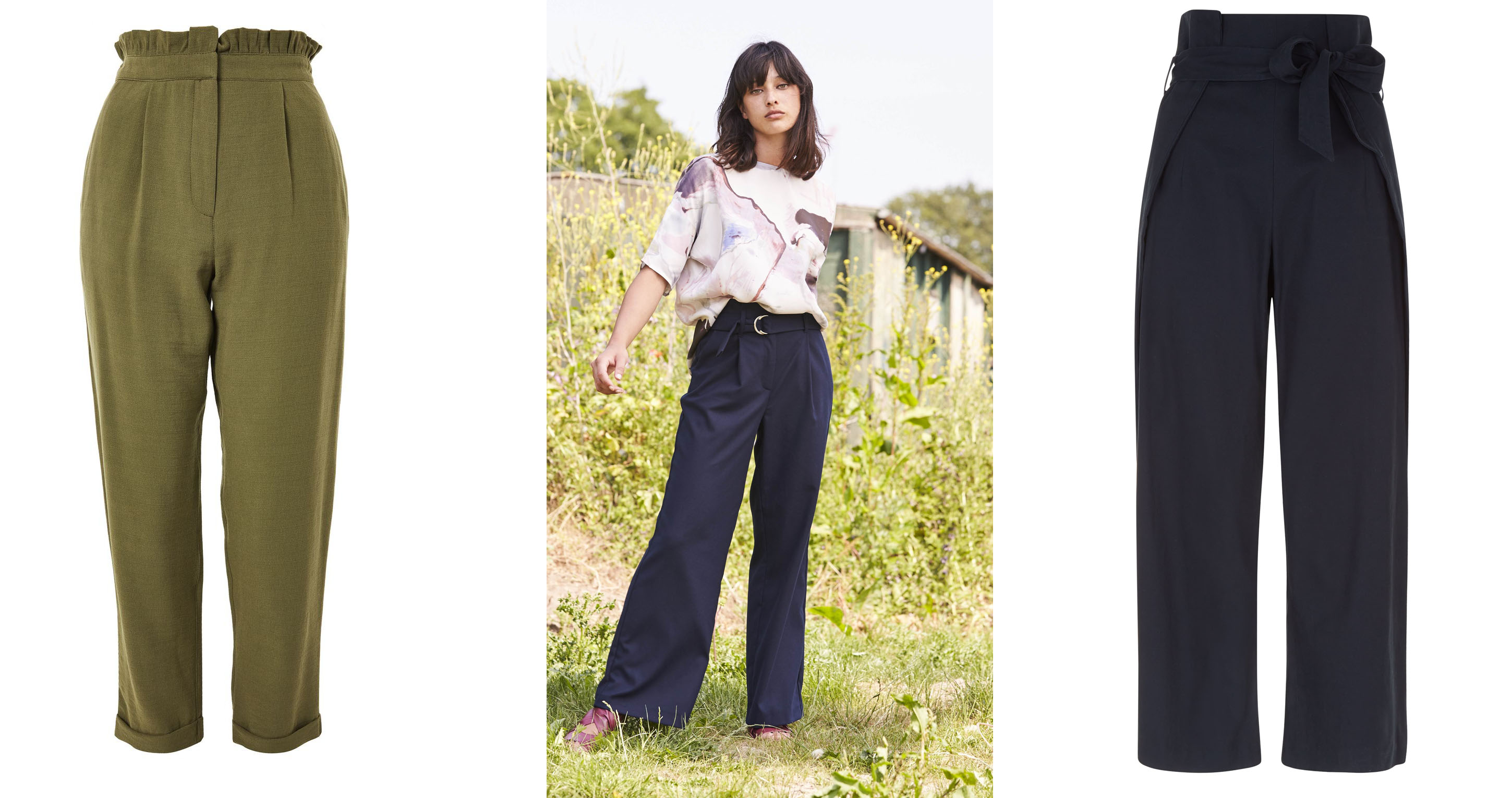 Topshop Ruffle Waist Mensy Trousers, £39; Oliver Bonas Mineral Print Top, £59.50, Sulphur Paper Bag Trouser £65 (available in September); Cubic Tie Waist Cropped Trousers, £54.99, OwntheLook.com