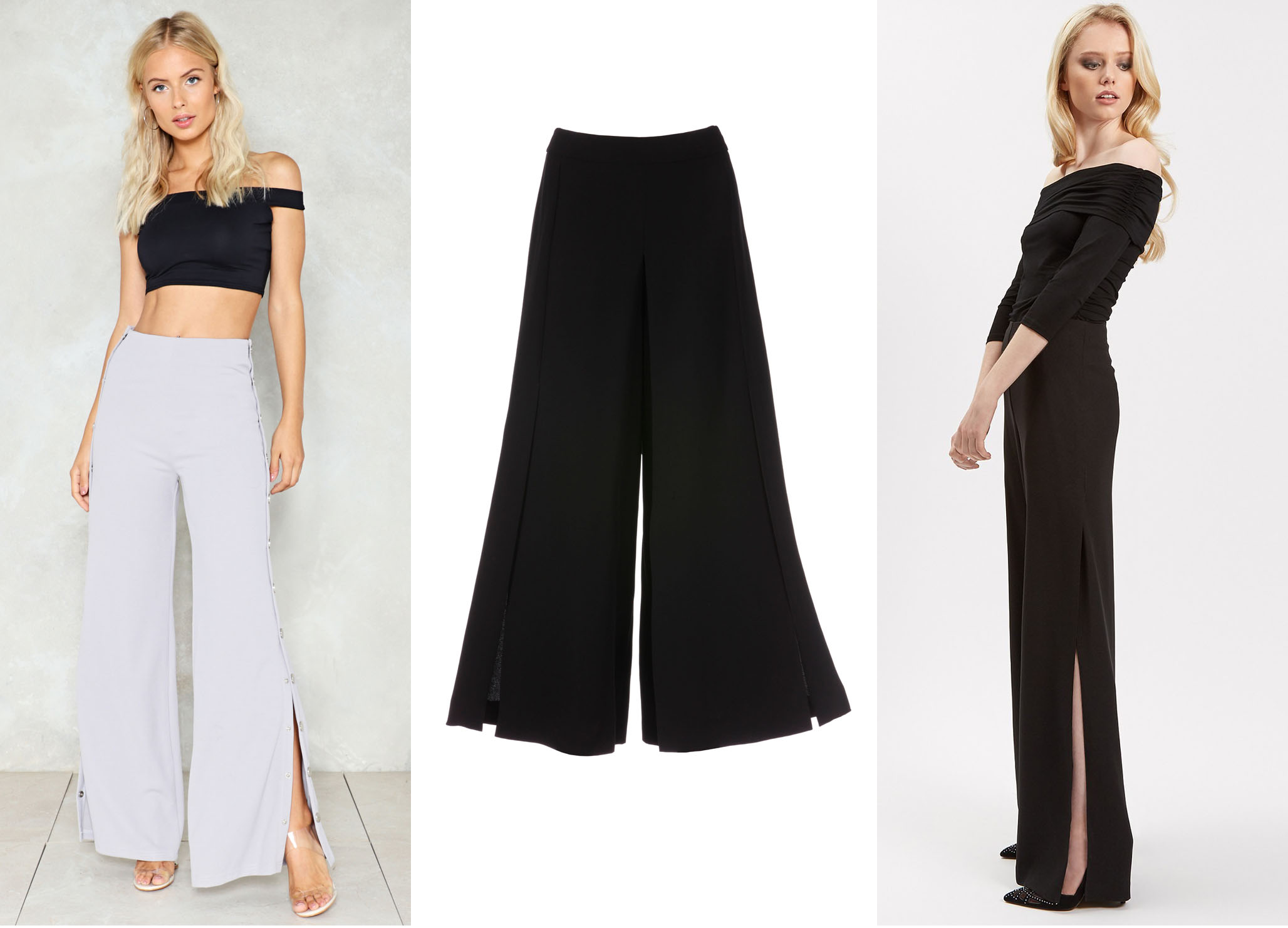 Nasty Gal Low Key Off-the-Shoulder Crop Top, £10, Snap Out of It Tear-Away Pants, £35; Madeleine Culottes, £89; Jane Norman Black Wide Split Leg Trousers, £35