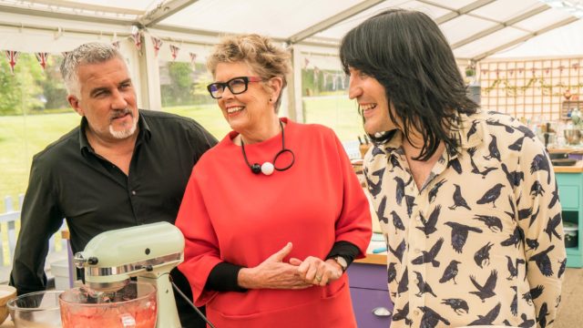 GBBO hosts Paul Hollywood and Prue Leith with Noel Fielding
