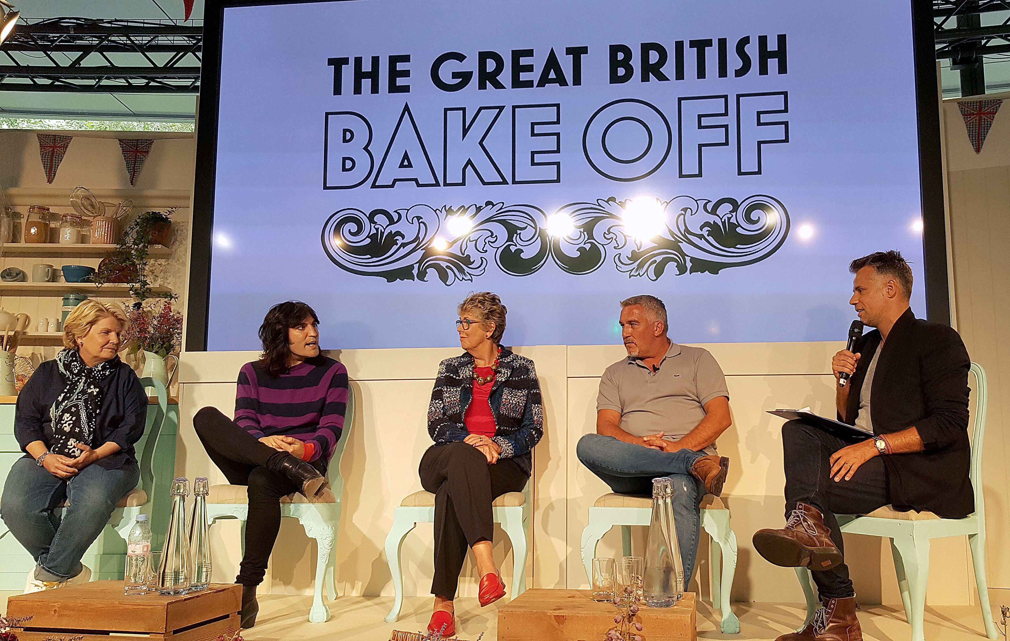 Richard Bacon (right) with judges and presenters for The Great British Bake Off (left to right) Sandi Toksvig, Noel Fielding, Prue Leith and Paul Hollywood at Channel 4 studios in central London. (Francesca Gosling/PA) 