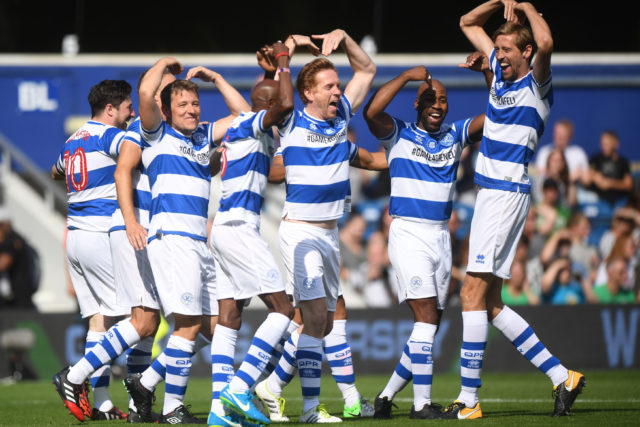 Team Ferdinand's (left to right) Captain singer Marcus Mumford, presenter Ben Shephard, Sir Mo Farah, Damian Lewis, DJ Spoony and Peter Crouch celebrate after Sir Mo Farah scores the first goal of the match during Game4Grenfell, (Victoria Jones/PA)