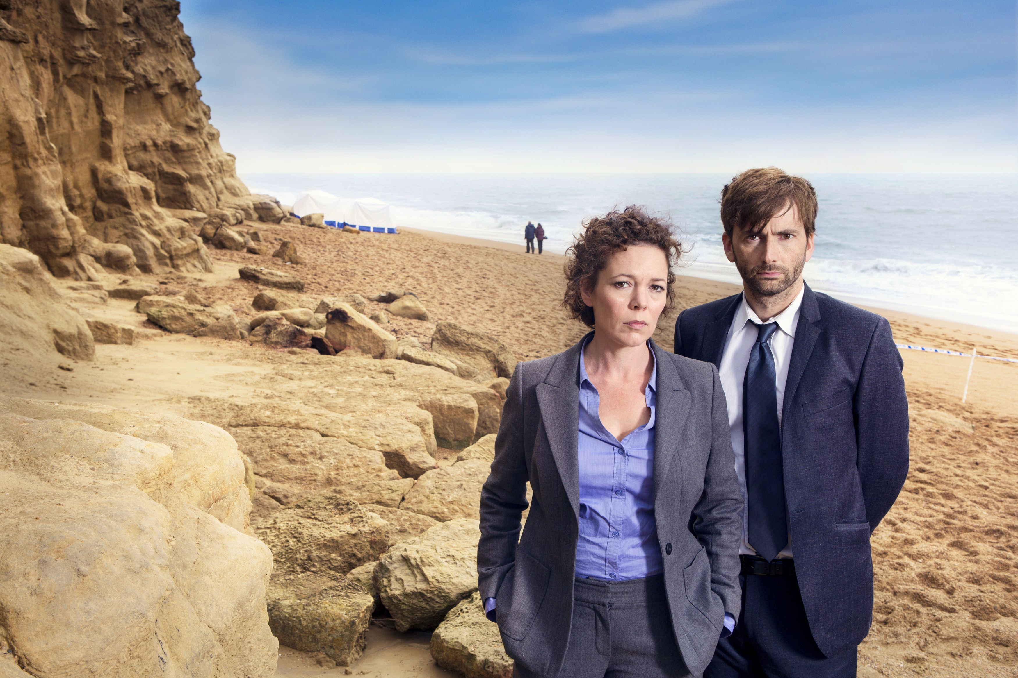 David Tennant and Olivia Colman in their roles as Detective Inspector Alec Hardy and Detective Sergeant Ellie Miller in Broadchurch