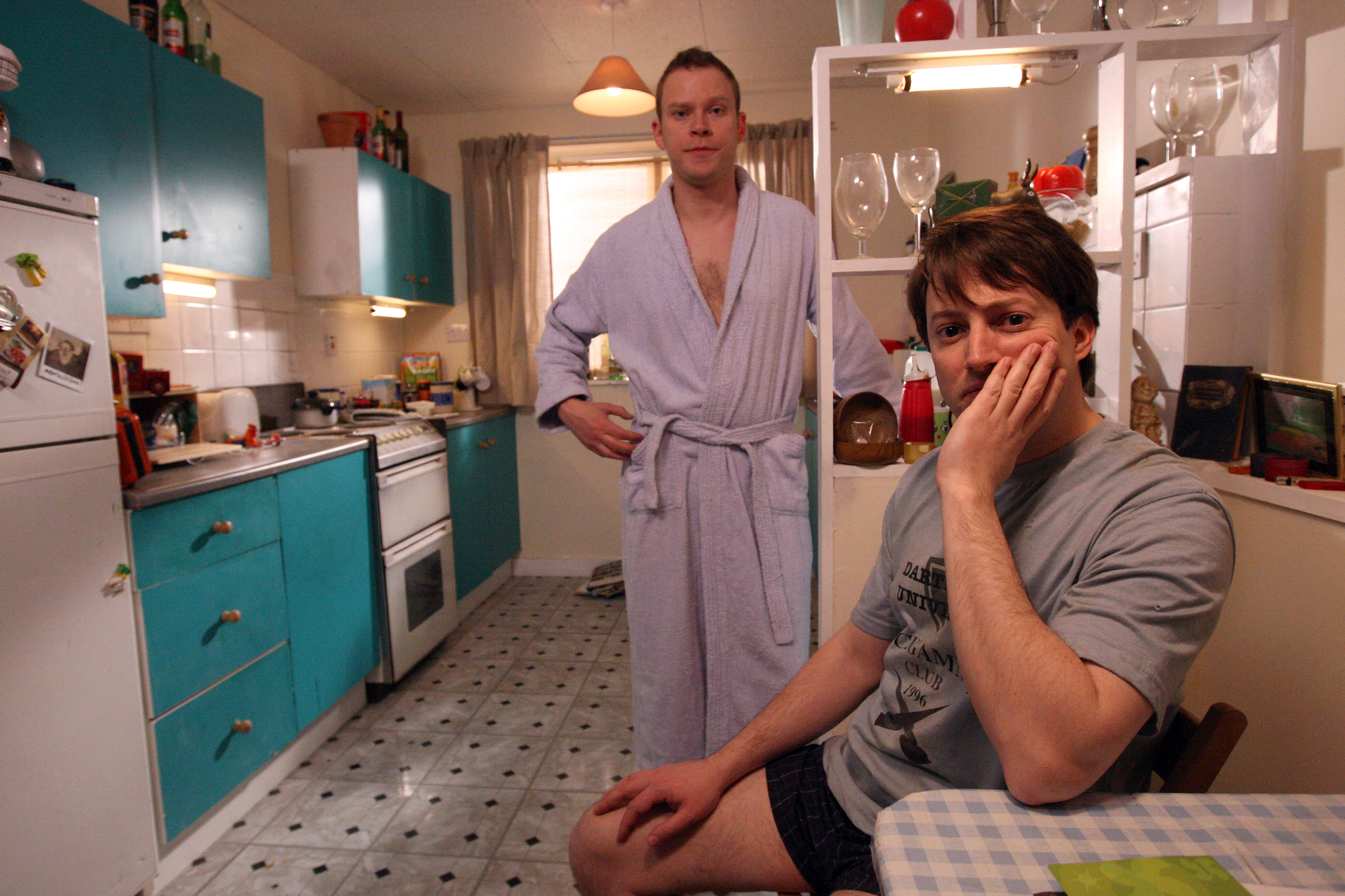 David Mitchell and Robert Webb on set in North London filming the new series of Peep Show