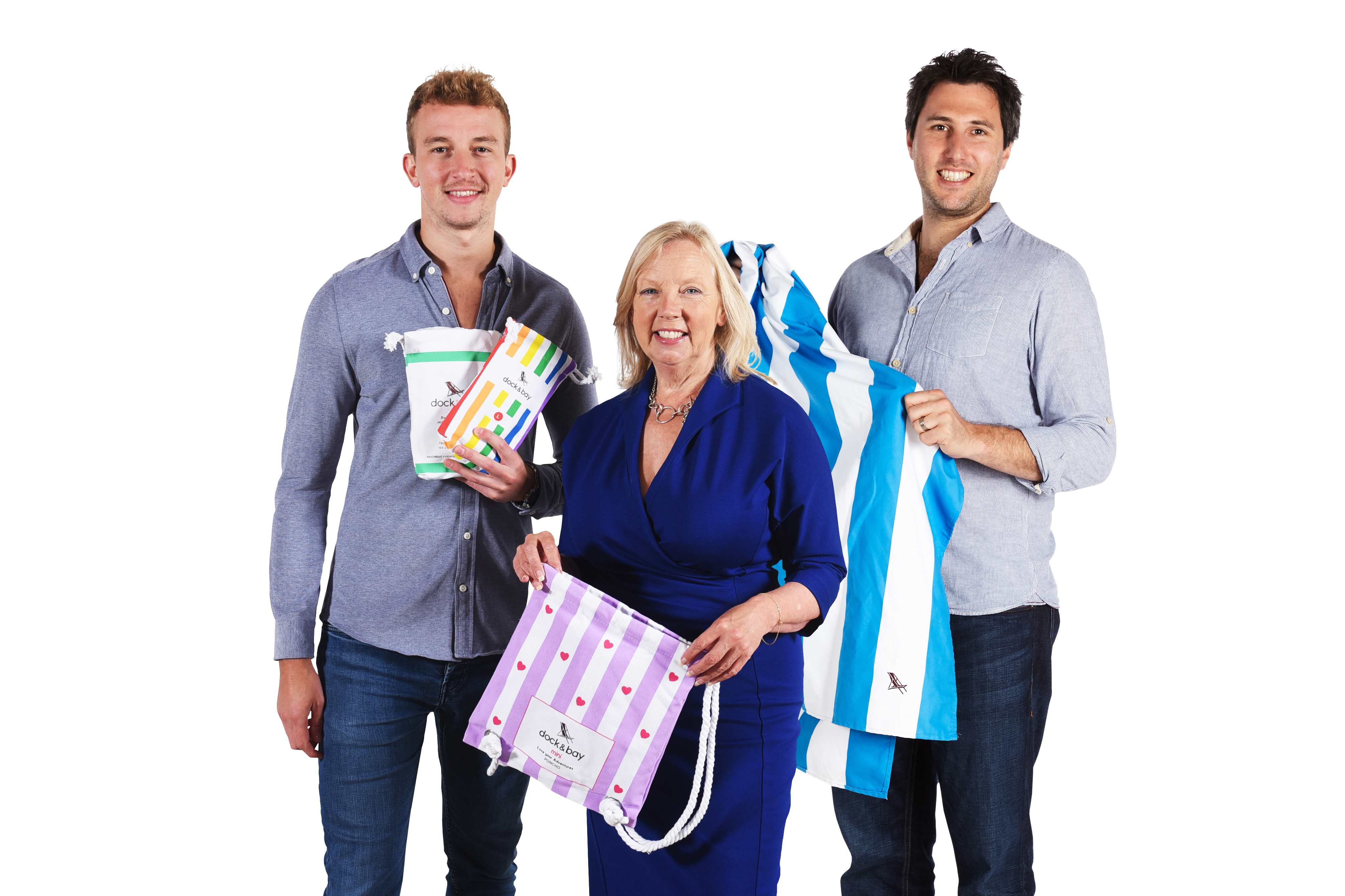 Deborah Meaden with Dock & Bay founders Andy (left) and Ben (right) (Charlie Glover/PA)