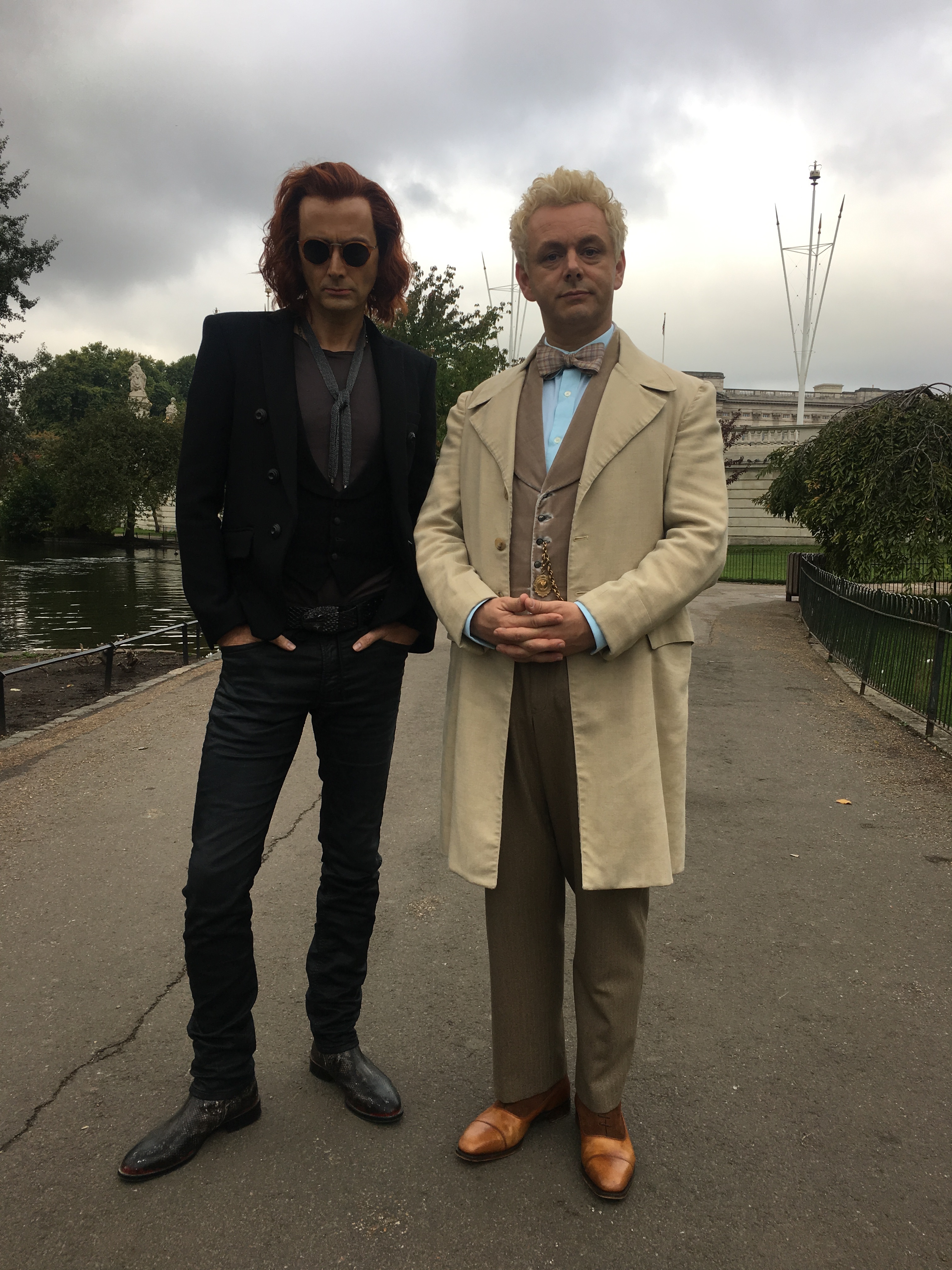 David Tennant and Michael Sheen on set for Good Omens.