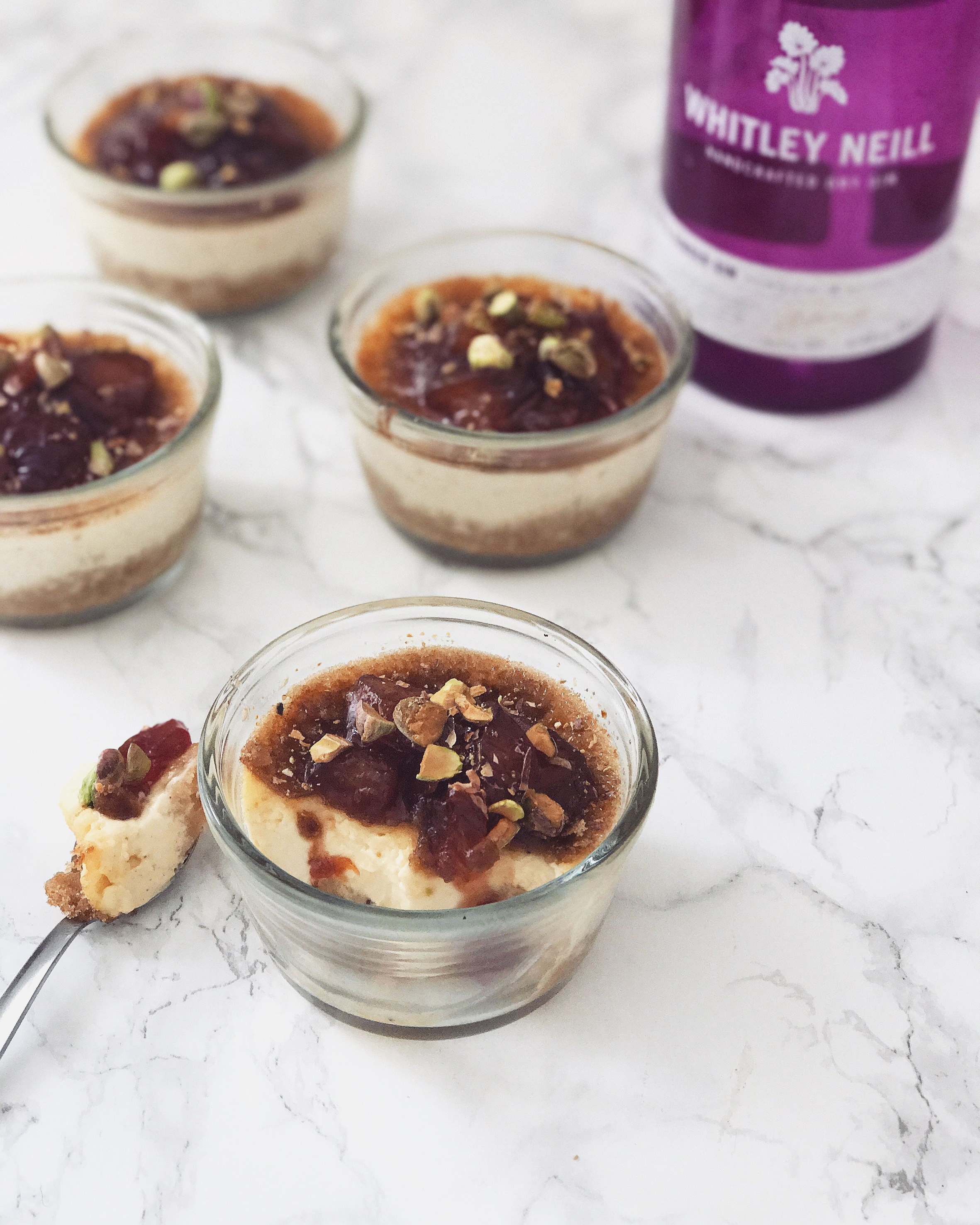 Crem Brulee with Spiced Peach Compote and Whitley NeillRhubarb & Ginger Gin by The Gin Baker