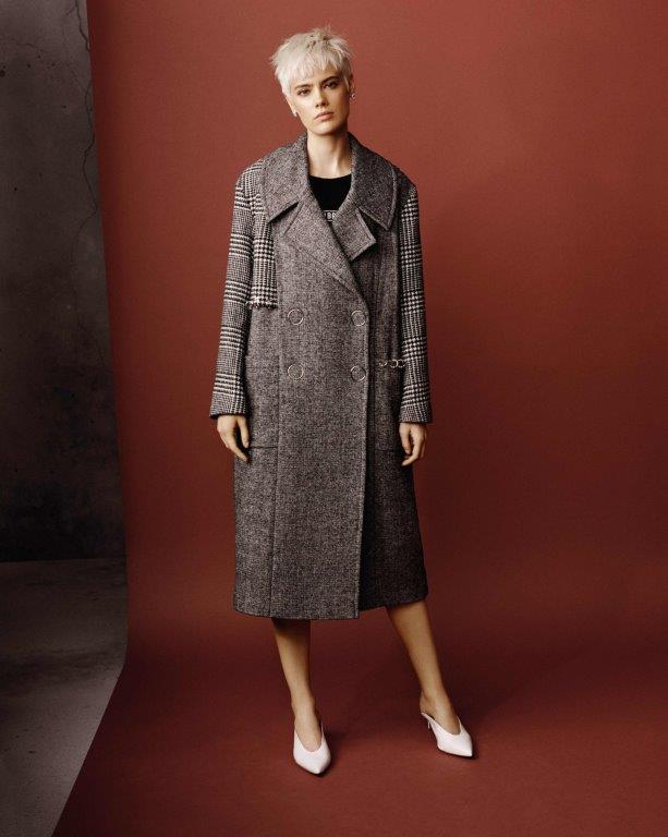 River Island RI Studio Check Piercing Trim Coat, £160; White Slingback Heels, £50