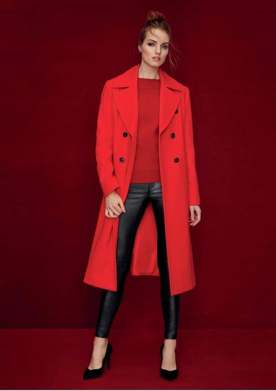 Dorothy Perkins Red Double Breasted Coat, £65; Red Slash Neck Jumper, £24; Black Coated Skinny Jeans, £26; Black Velvet Heels, £25