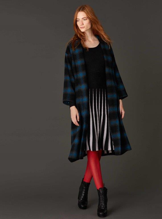 East Wool Check Coat, £299; Merino Striped Dress, £139