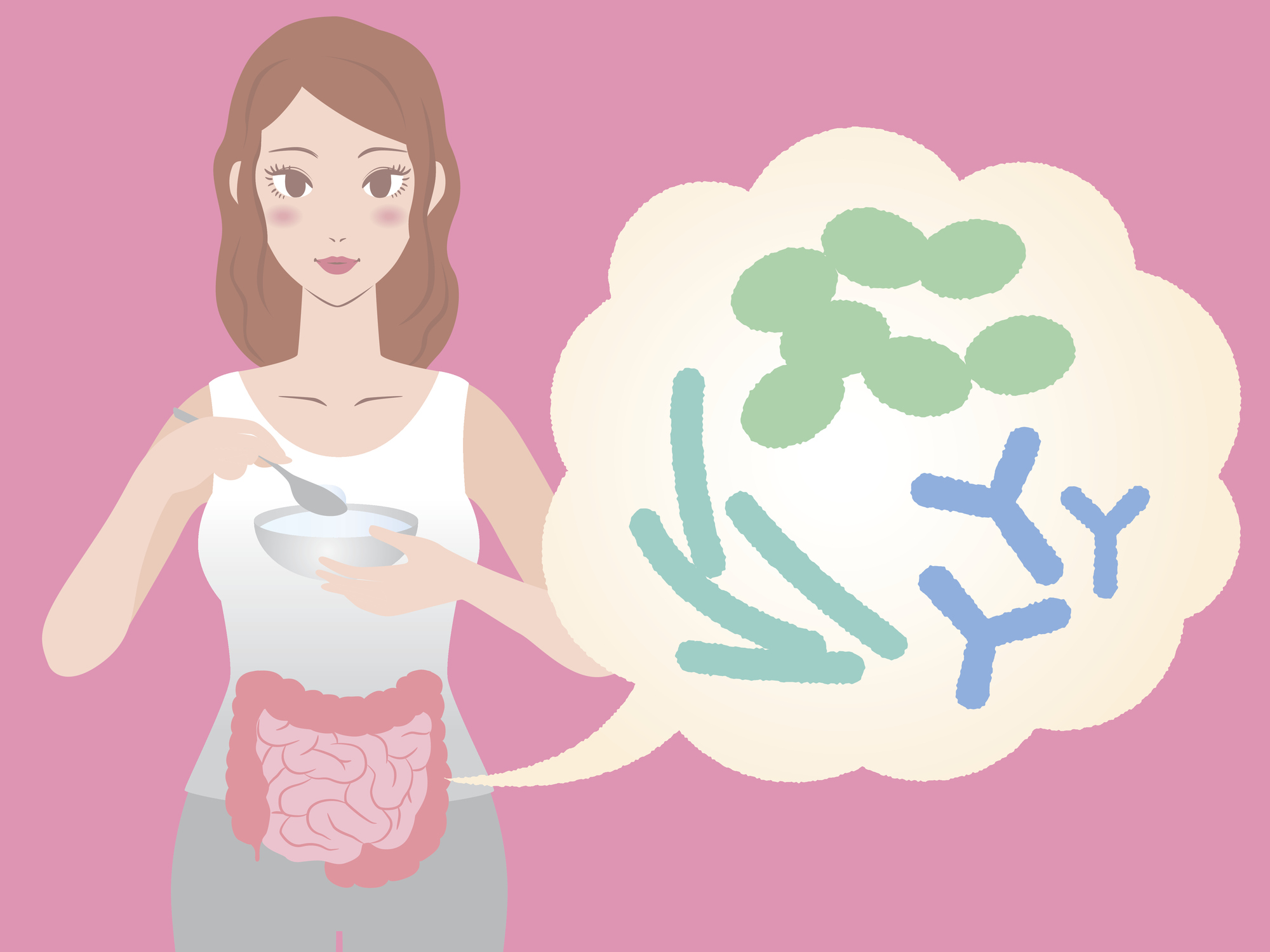 Cartoon of a young woman eating yoghurt, with a probiotics image beside her (Thinkstock/PA)