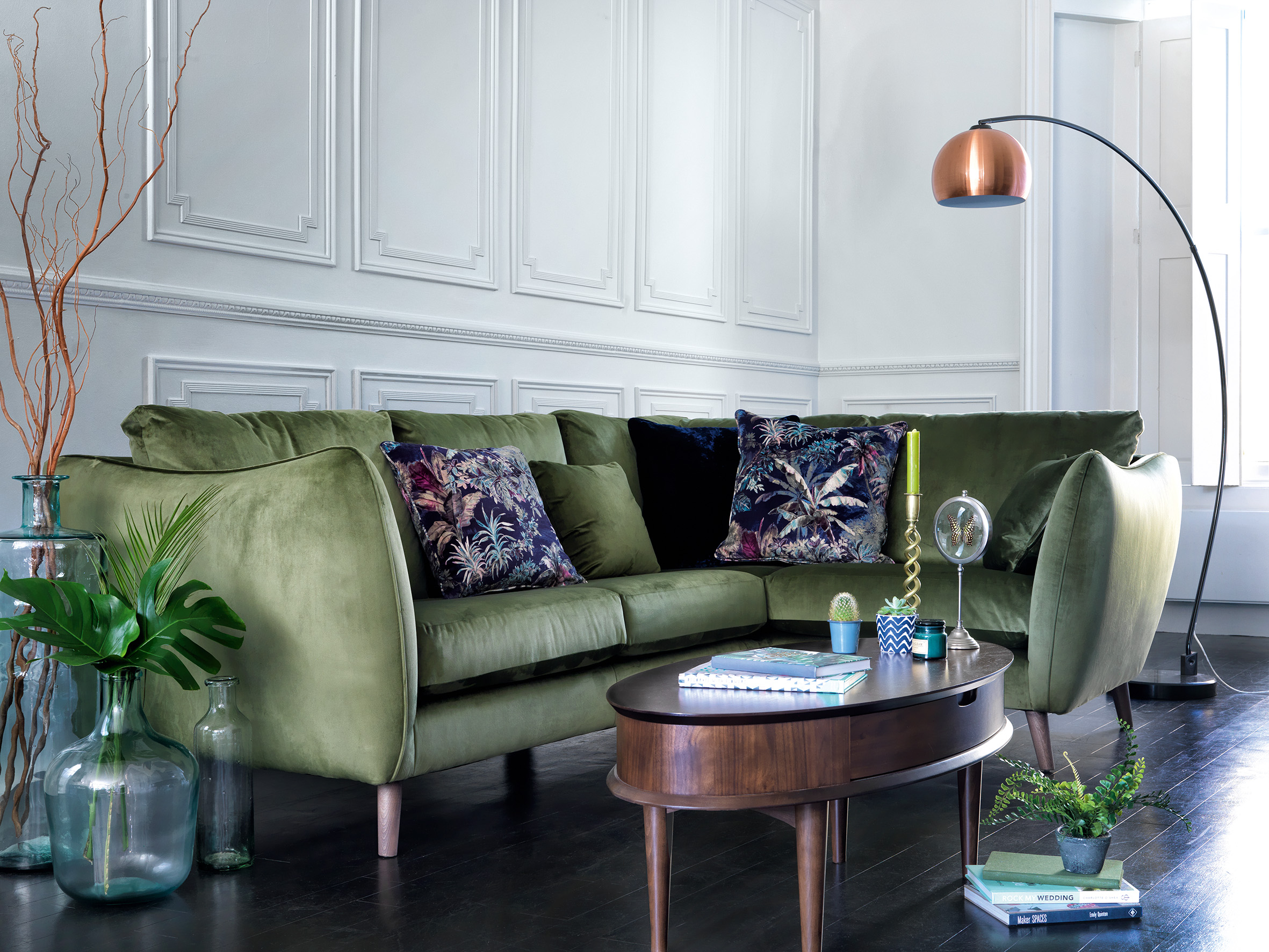 City Loft fabric corner sofa, £1,465, currently reduced online to £1,095; Copper retro ball floor lamp, £379 currently reduced online to £279, Furniture Village (Furniture Village/PA)
