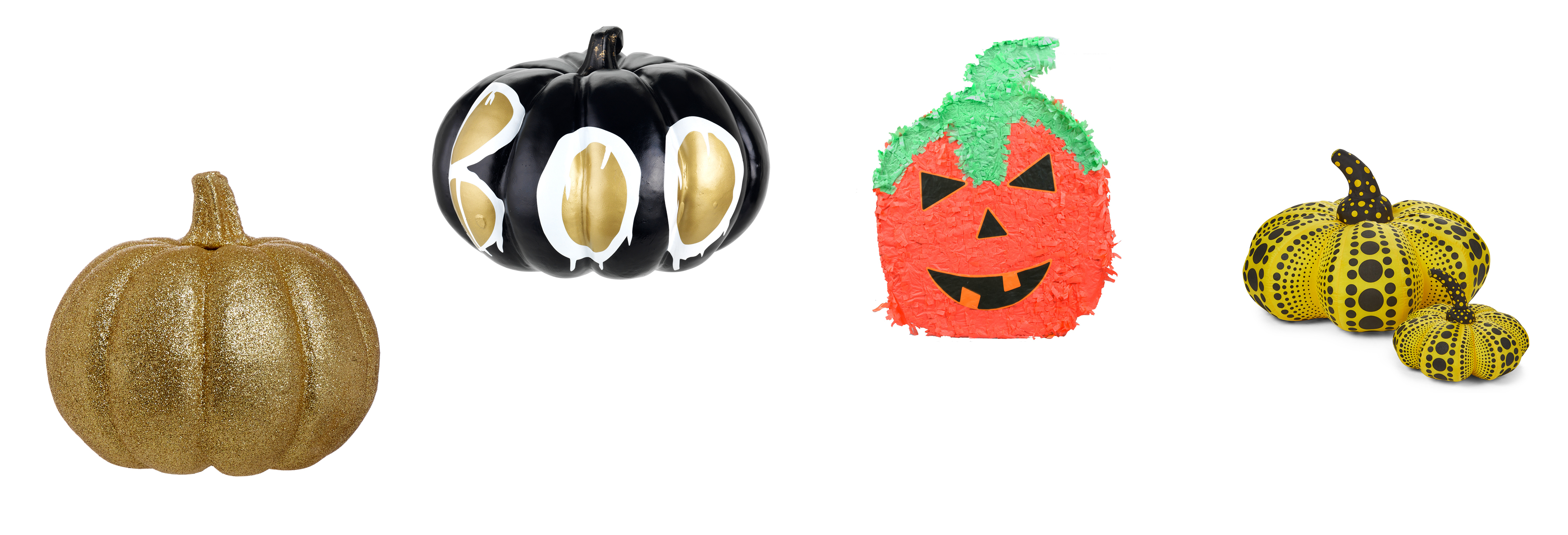 Glitter pumpkin, £2.50 for three, Asda; Boo pumpkin, £7, Sainsbury's Home; Pumpkin pinata, £20, John Lewis; Yayoi Kusama pumpkin sculpture pillows, from £200 each, Tate Shop (Asda/Sainsbury's Home/John Lewis/Tate Shop/PA)