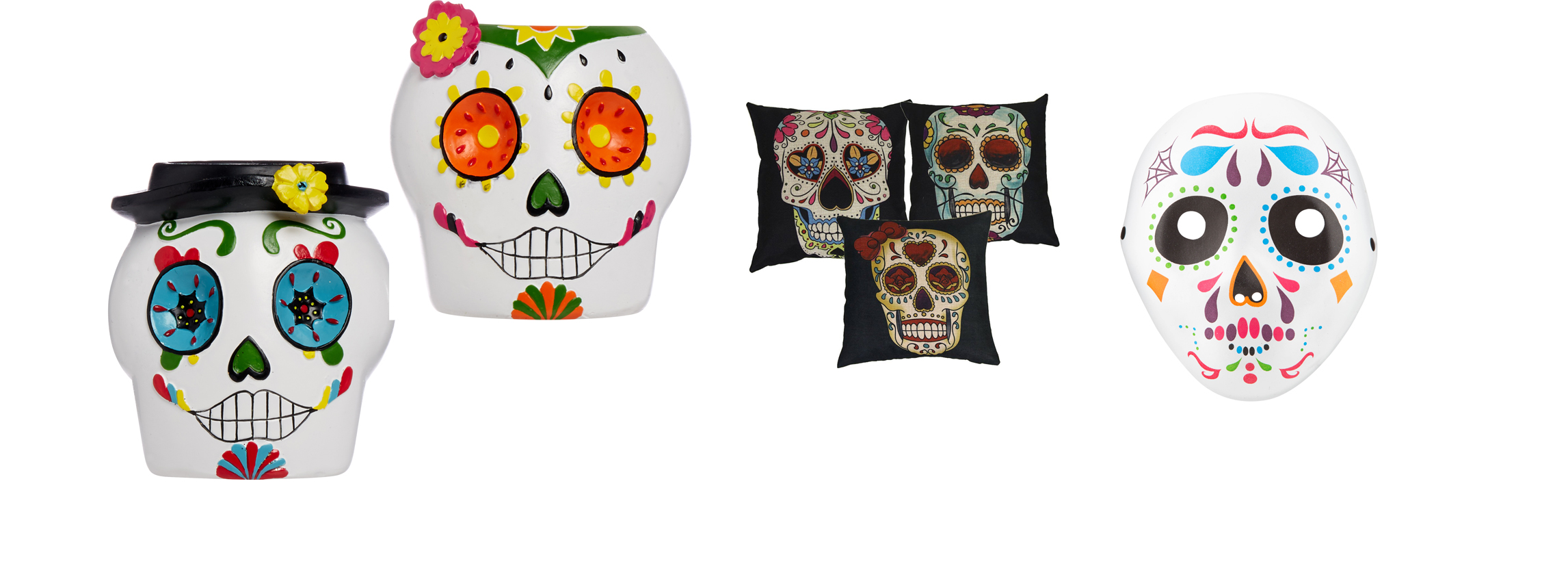 (clockwise from left) Sugar skull tea light holders, £2 each, Asda stores; Luxbon, set of three Day of the Dead cushion covers, £10.06, Amazon; Halloween mask, £1, Poundland (Asda/Amazon/Poundland/PA)