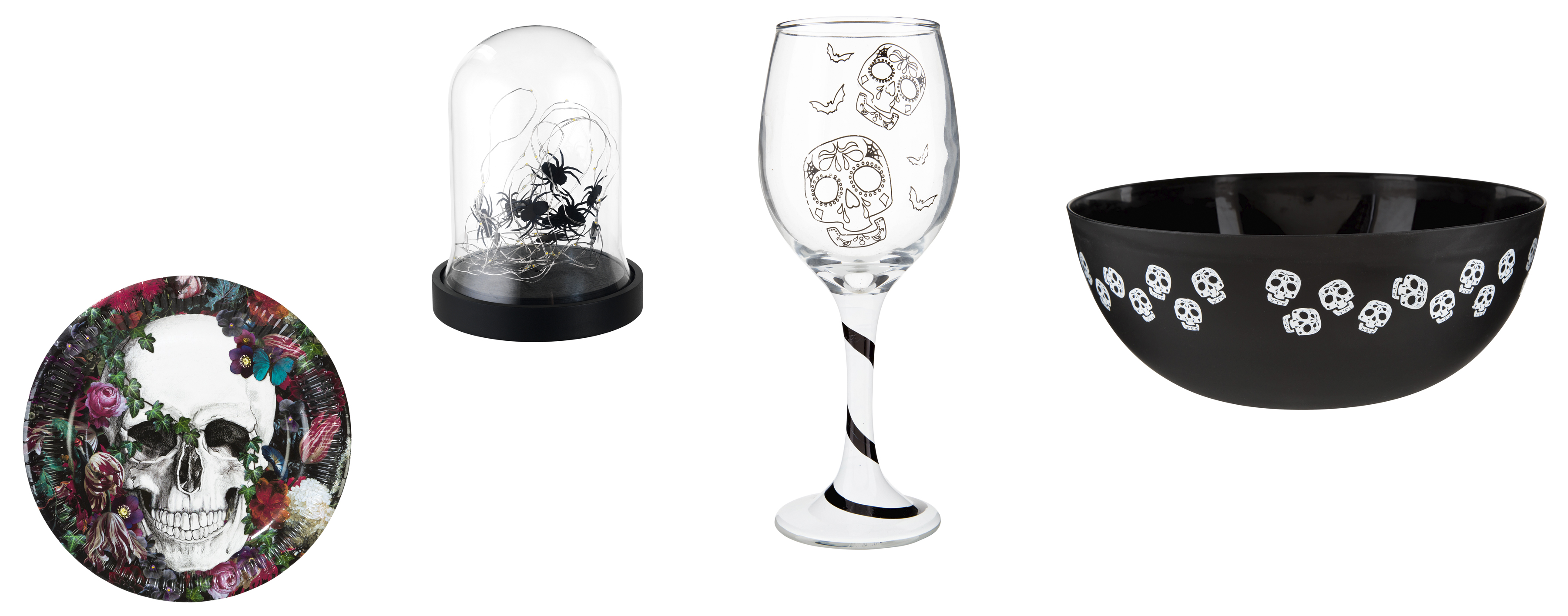 (L-R) Baroque Skeleton plates, £2.99 a pack, Talking Tables; Spider cloche, £10, Sainsbury's Home; Day of the Dead wine glass, £1, and Trick or Treat bowl, £1, Poundland (Talking Tables/Sainsbury's Home/Poundland/PA)