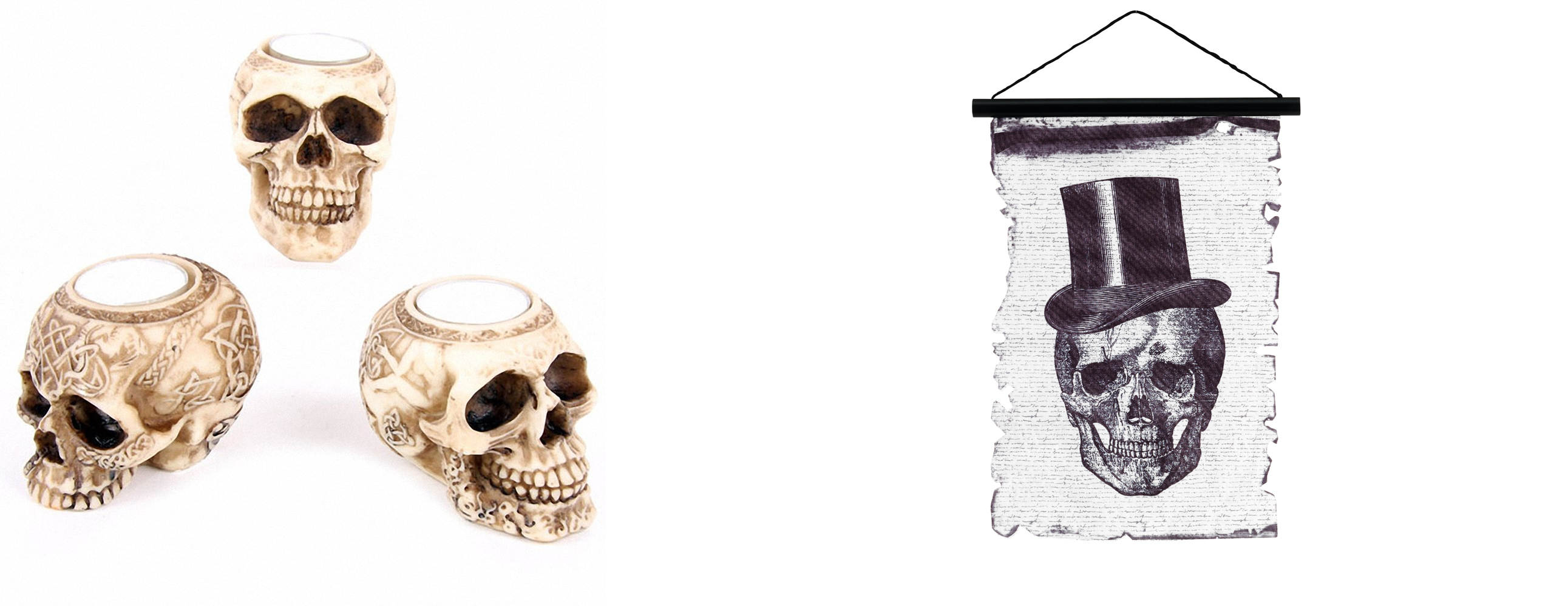 (L-R) Skull tealight holder, £4.05 each, Amazon; Skull flag hanging decoration, £3.50, Sainsbury's Home (Amazon/Sainsbury's Home/PA) 