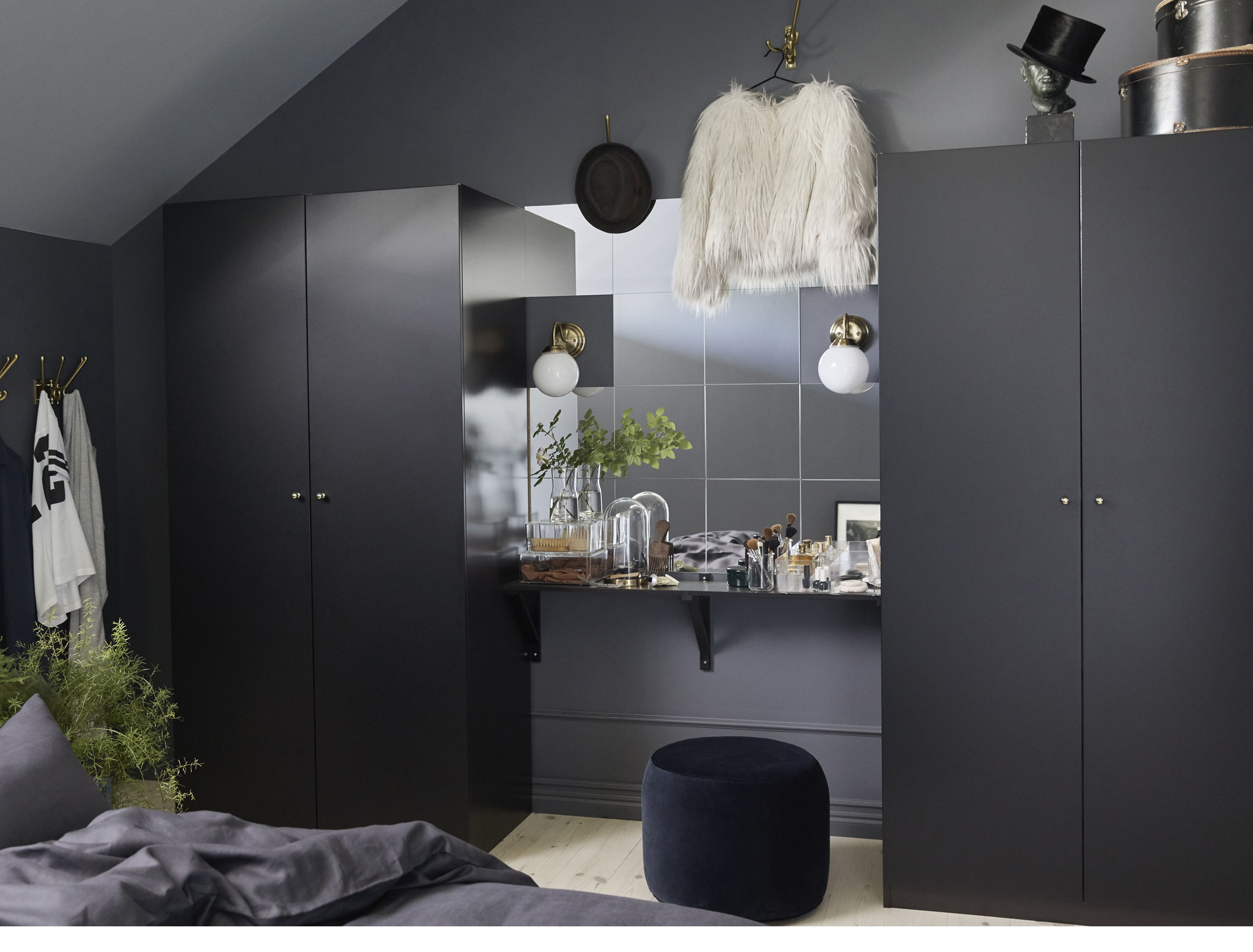 Ekby Valter/Ekby Hemnes Wall Shelf, £16; Lots Mirror, £4.99 for pack of four; Pax Wardrobe, £130, and Lillholmen Wall Lamp, £12, Ikea