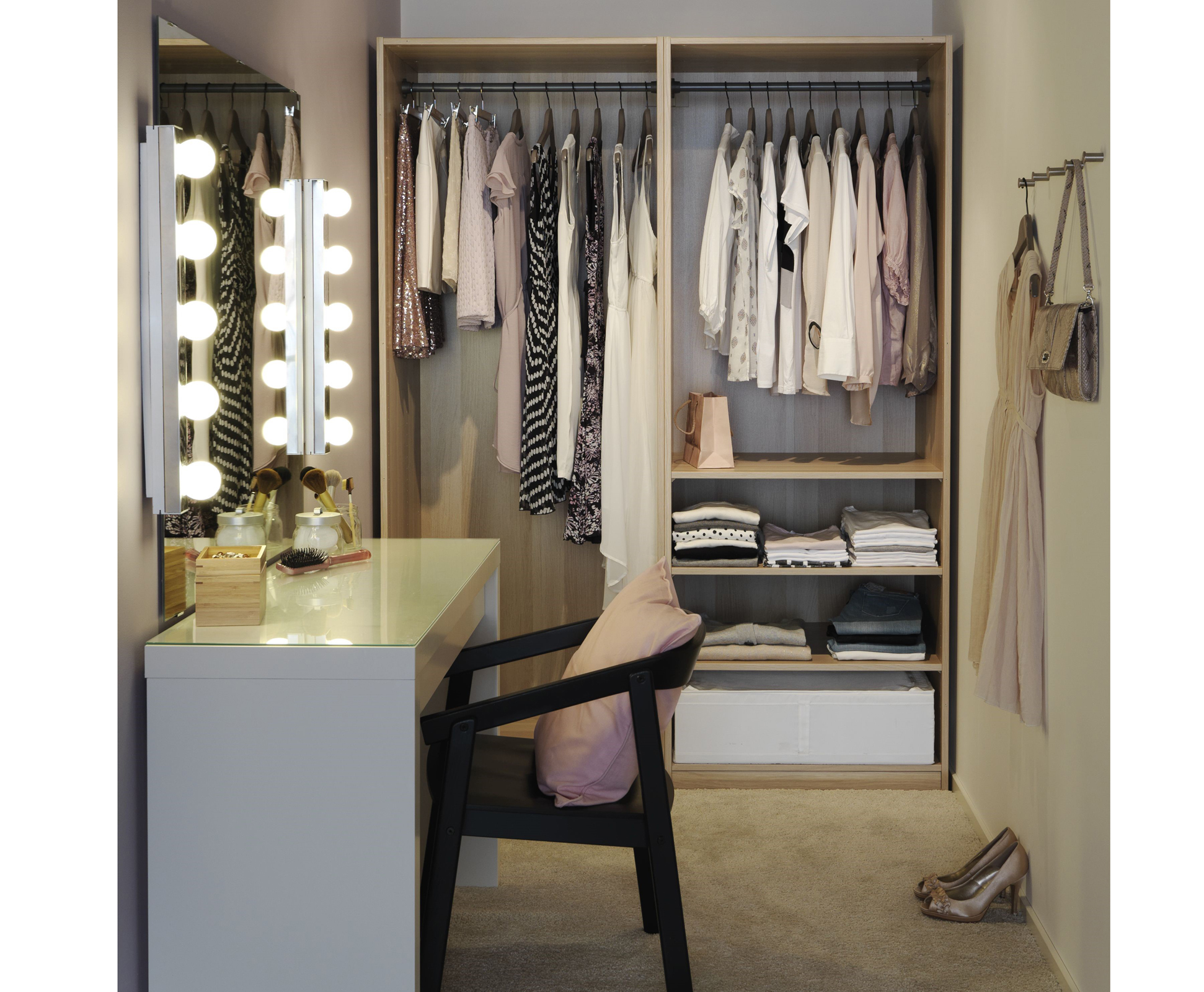 Malm Desk, £95; Godmorgon Mirror, £35, and Ledsjo LED Wall Lamp, £42, Ikea