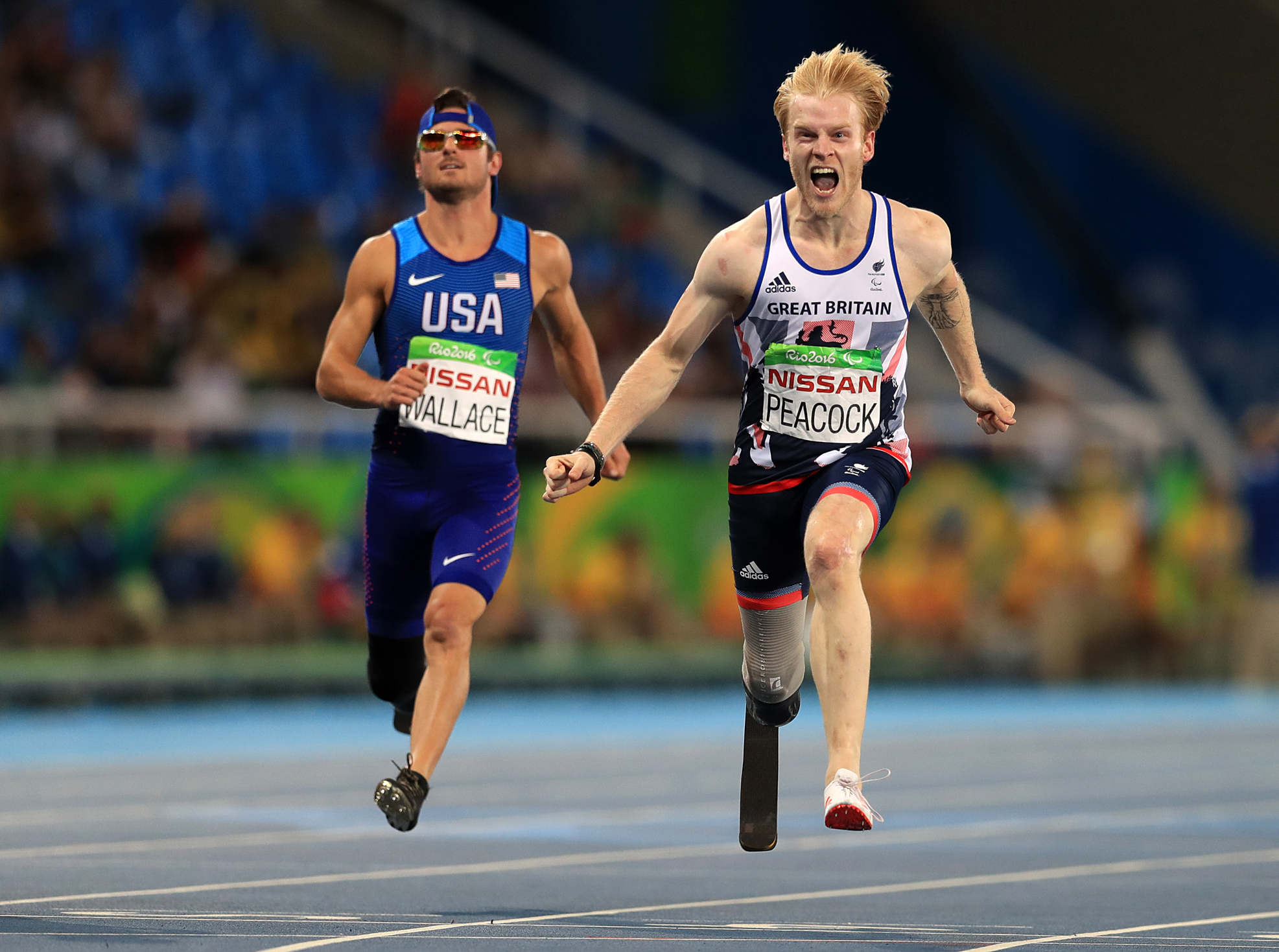 Jonnie Peacock celebrates winning Gold during the Men's 100m - T44 final during the second day of the 2016 Rio Paralympic Games, Brazil. (Adam Davy/PA)