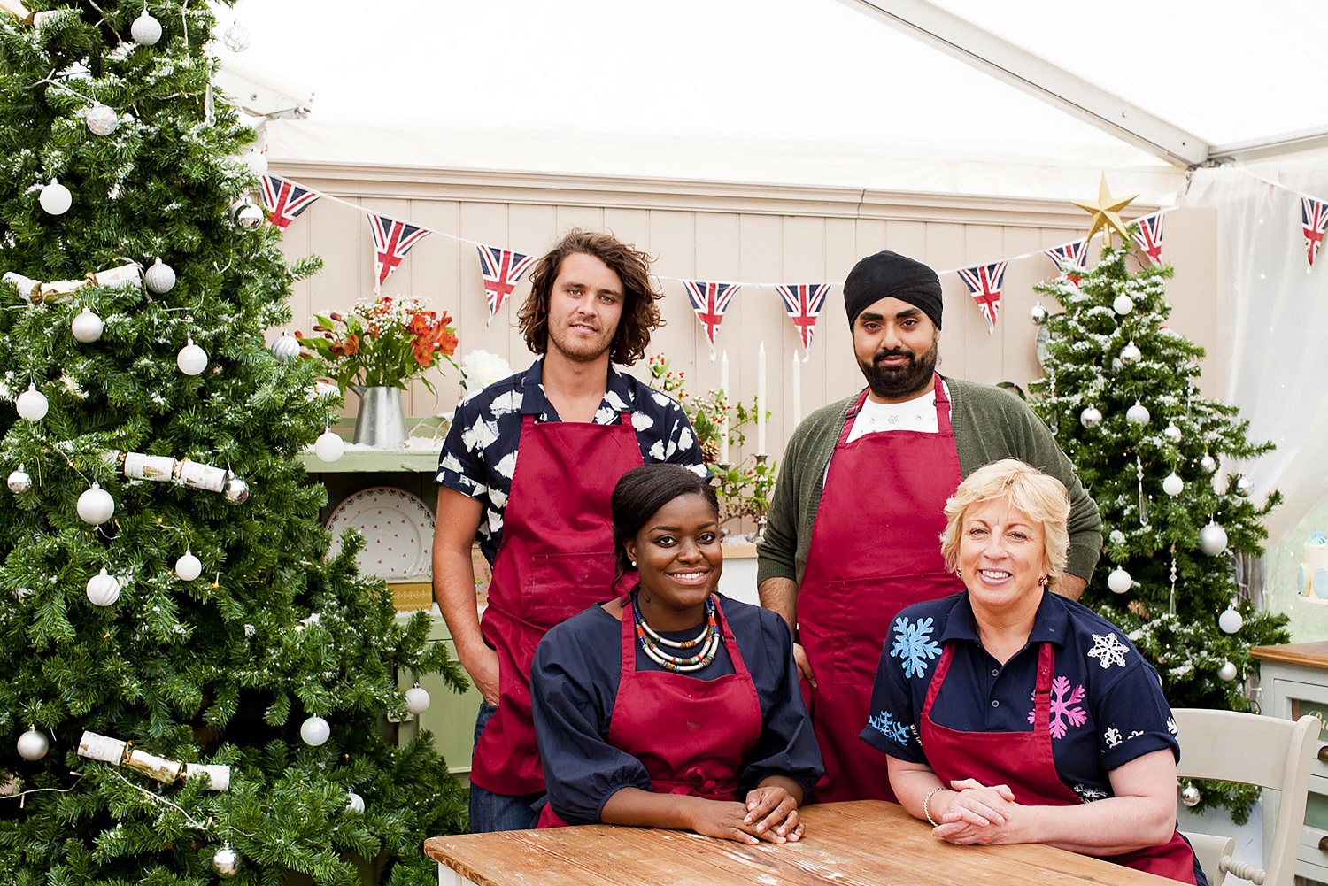 The Great British Bake Off: Festive Special - Left to Right: Rob and Rav standing, Benjamina and Sndi sitting (Channel 4)