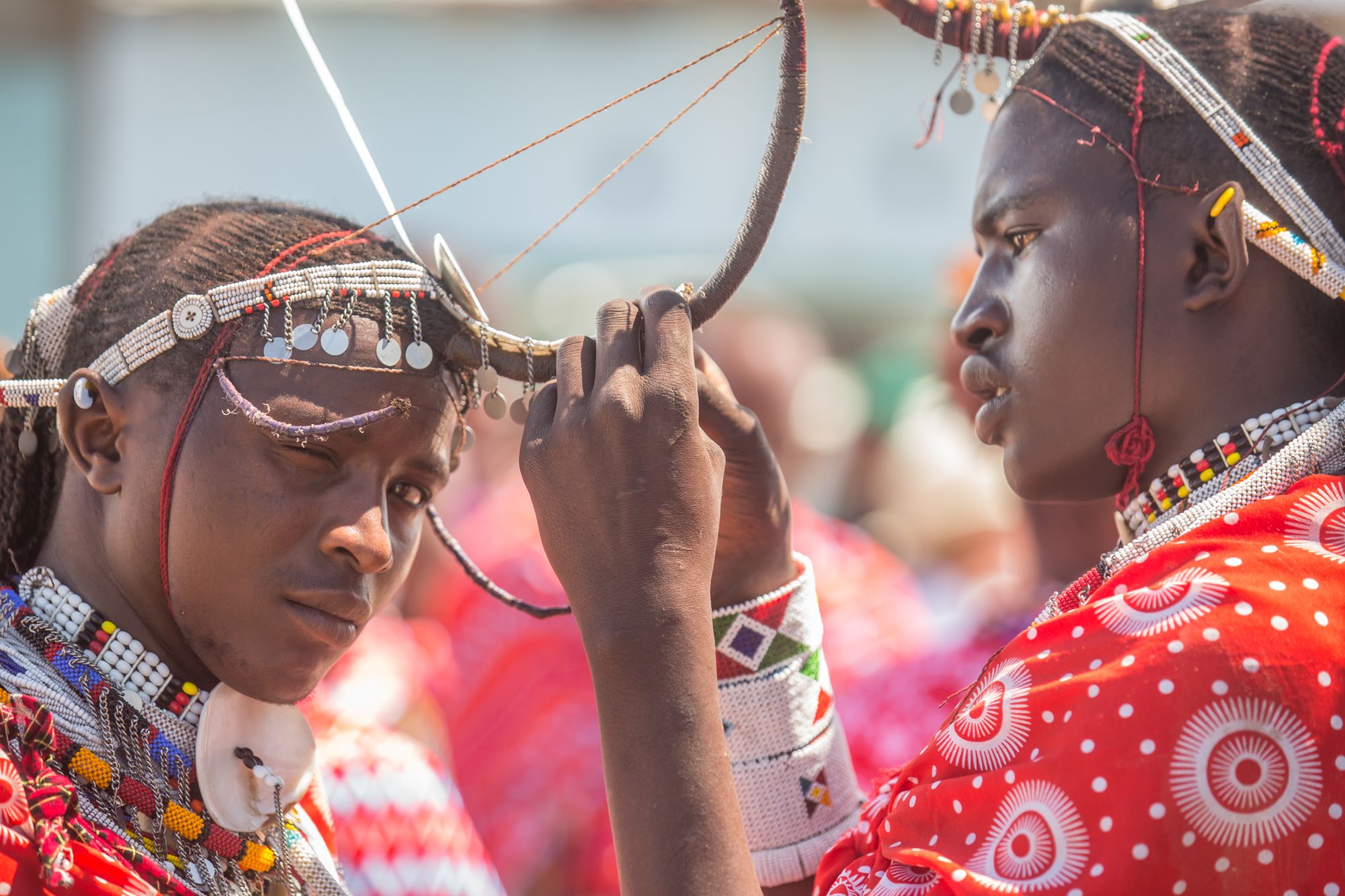 Maasai morans preparing for a SAFE performance (Paul Goldstein/PA)