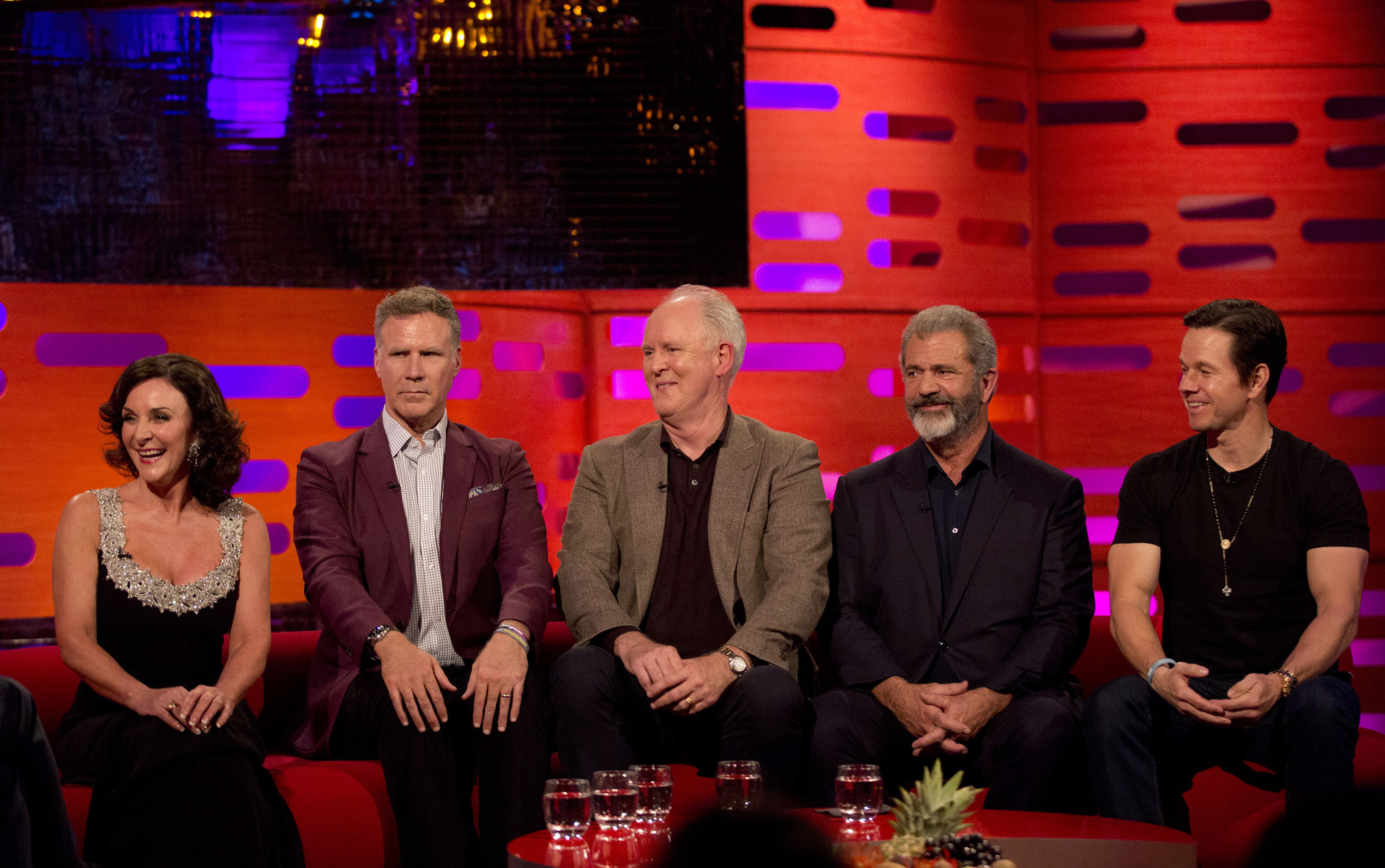 Shirley Ballas, Will Ferrell, John Lithgow, Mel Gibson, and Mark Wahlberg while filming The Graham Norton Show (Isabel Infantes/PA)