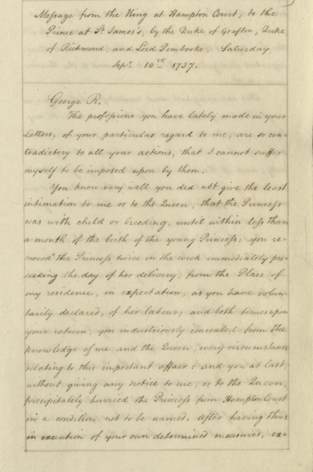Copy of strongly worded letter written by King George II to his son Frederick, Prince of Wales criticising his heir