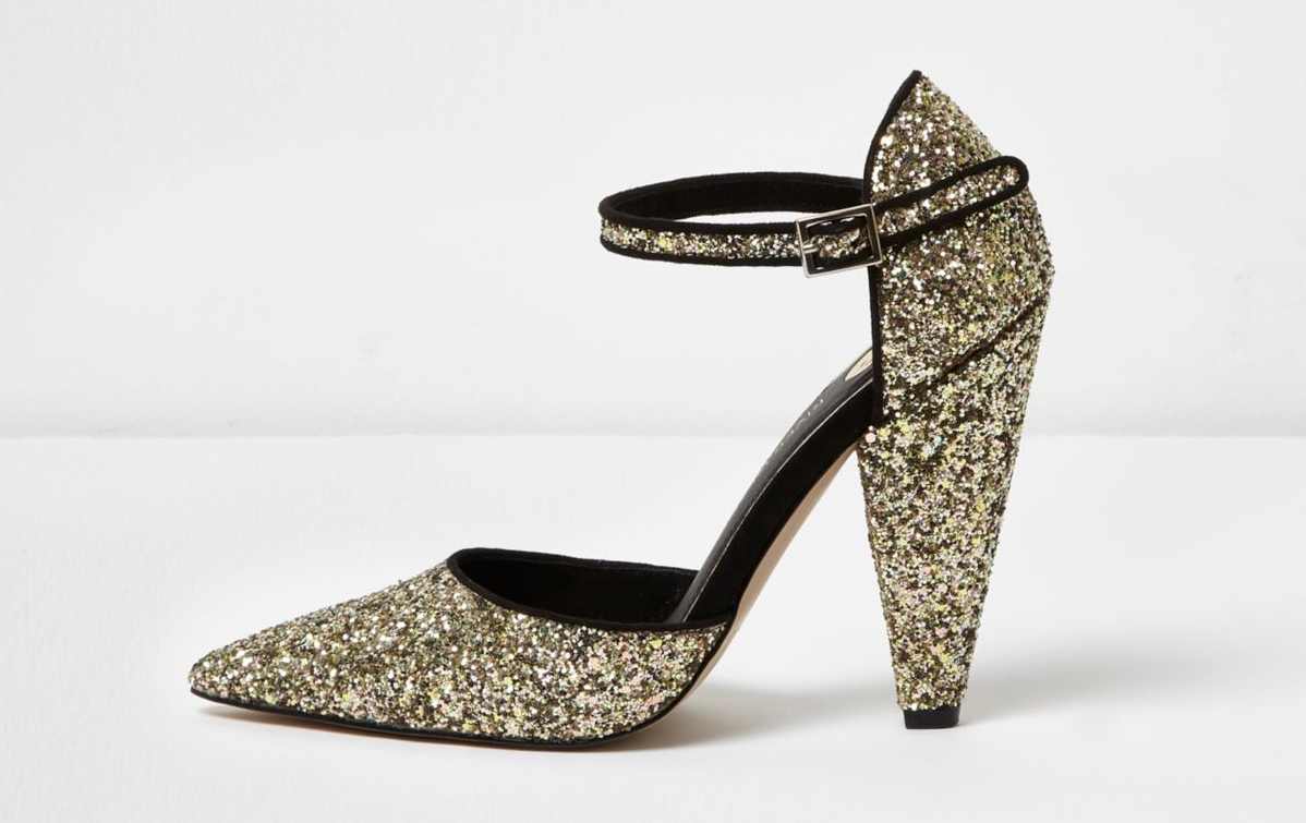 River Island Gold Glitter Two Part Cone Heel Court Shoes