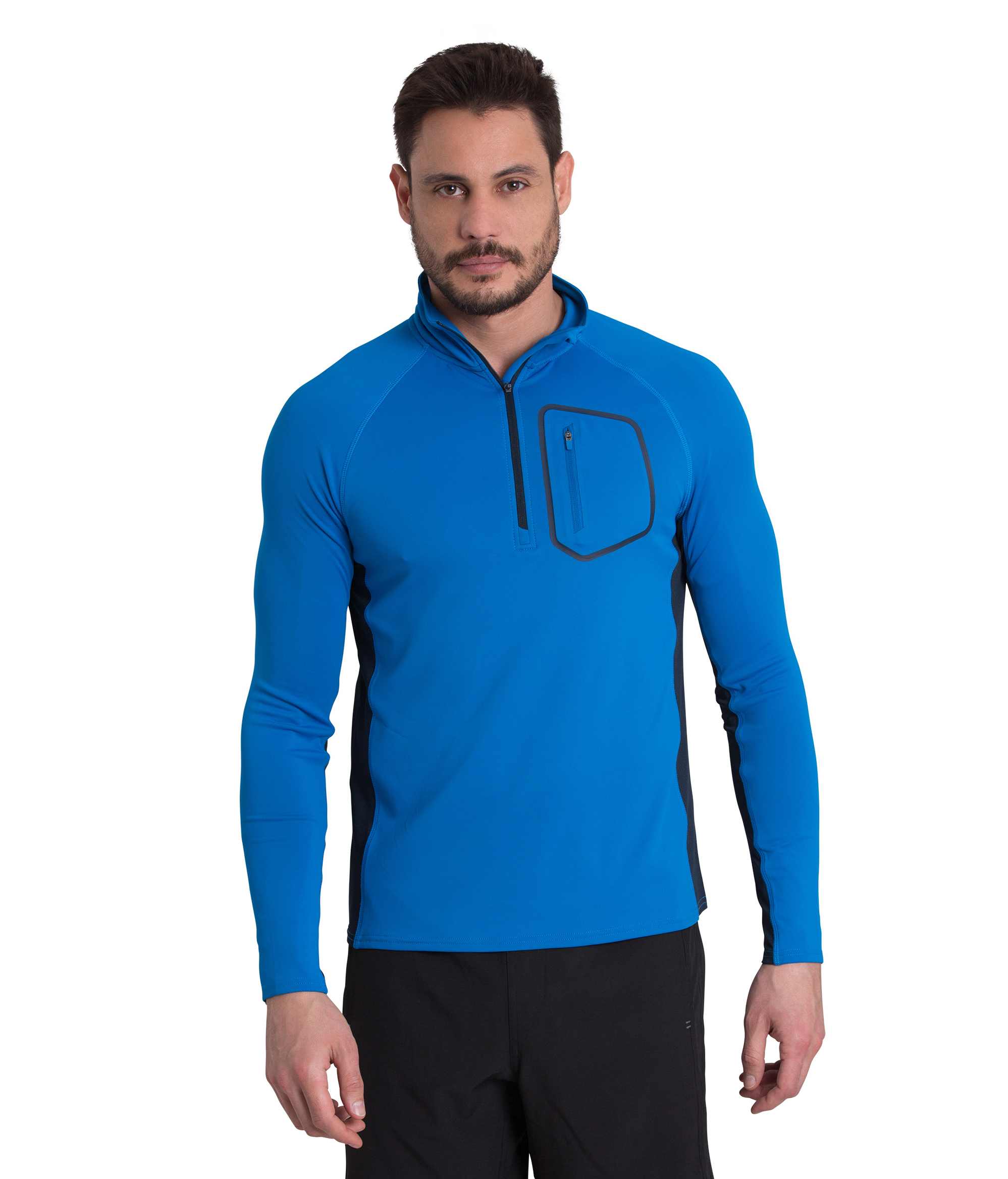 model wearing Zakti Men's Positive Charge Blue Midlayer and Power Knee Length Shorts,