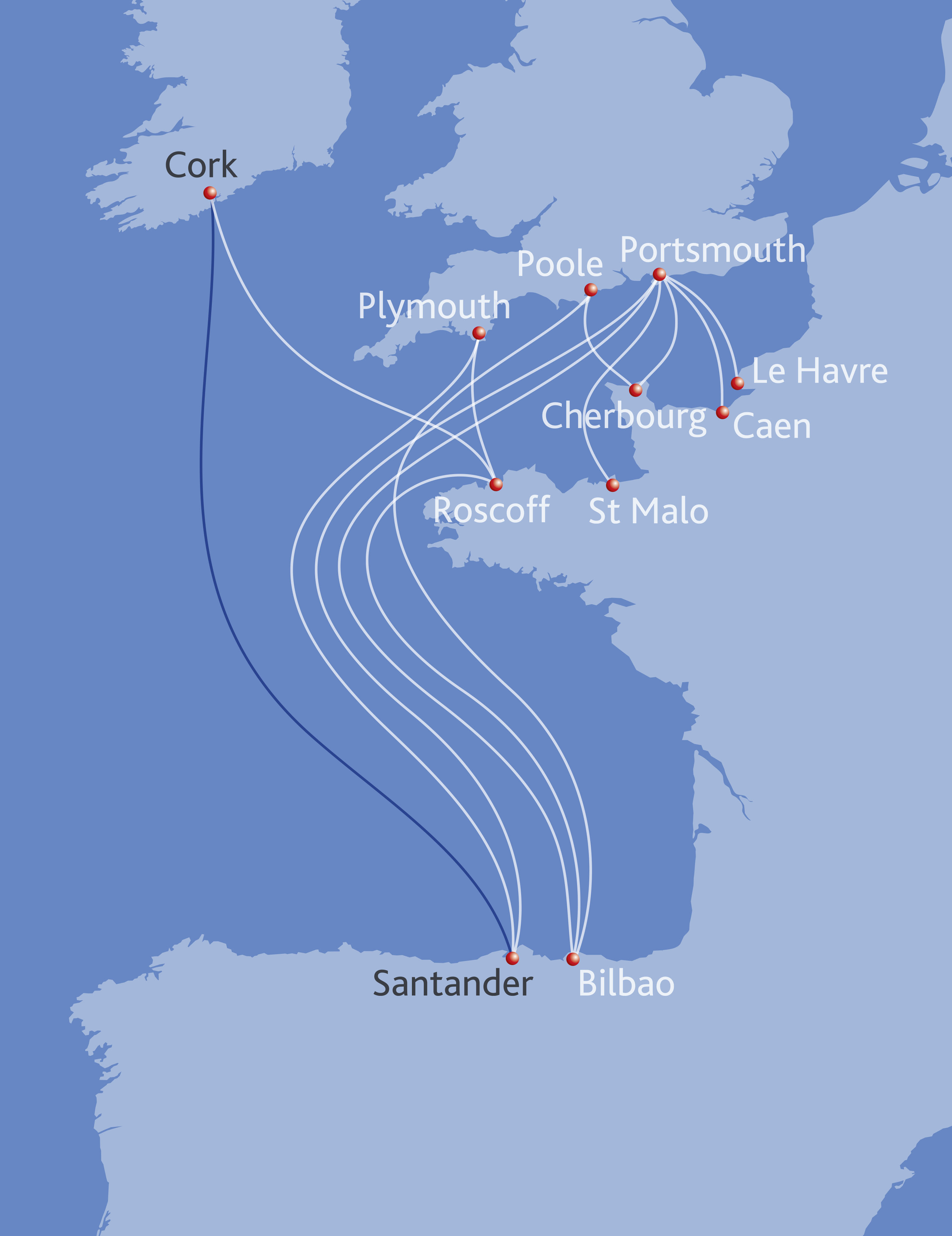 An updated map showing Brittany Ferries' routes, including Ireland to Spain (Brittany Ferries/PA)