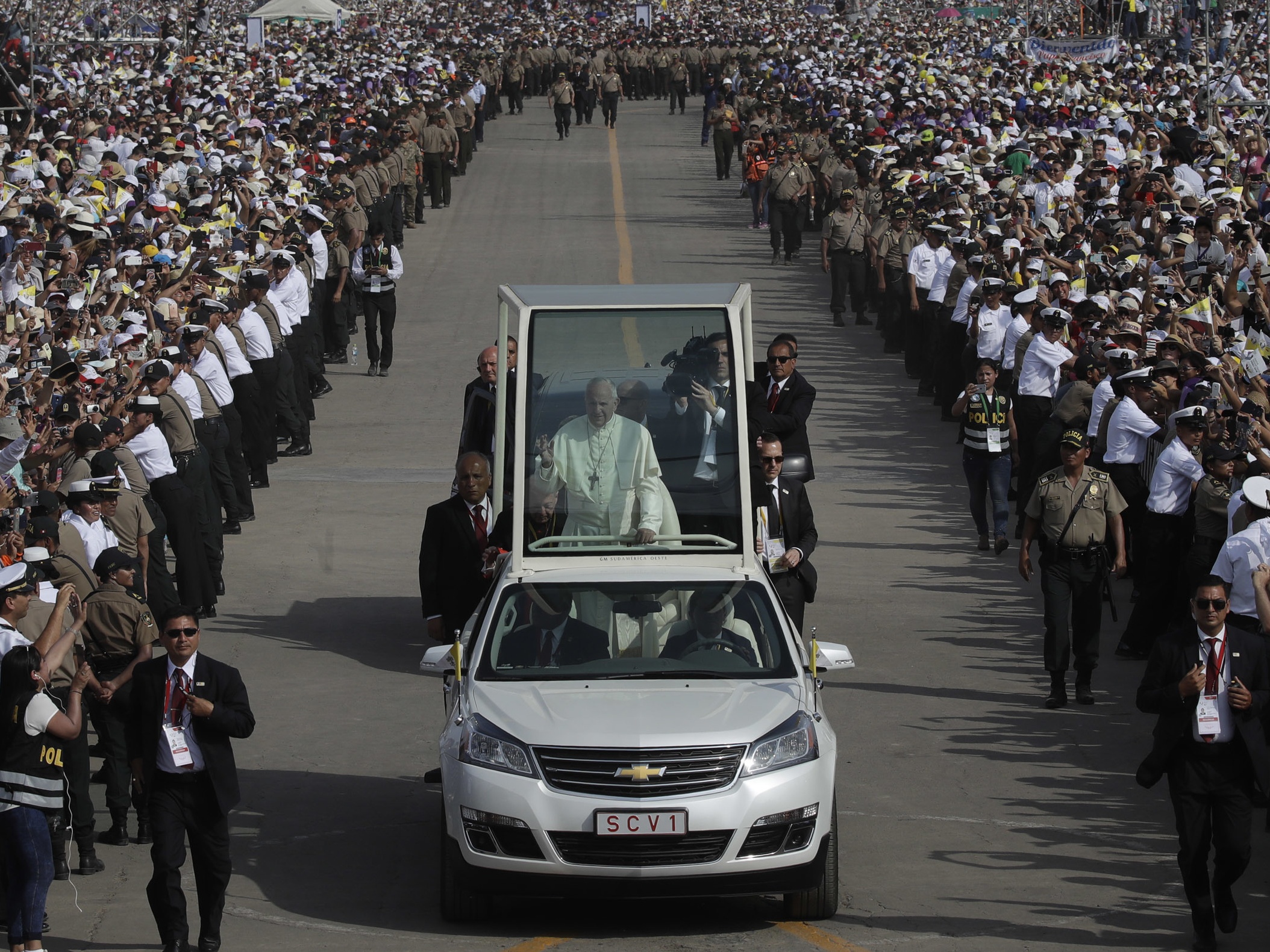 Pope Francis arriving for a mass in Lima on the Peru leg of his trip (Alessandra Tarantino/AP)