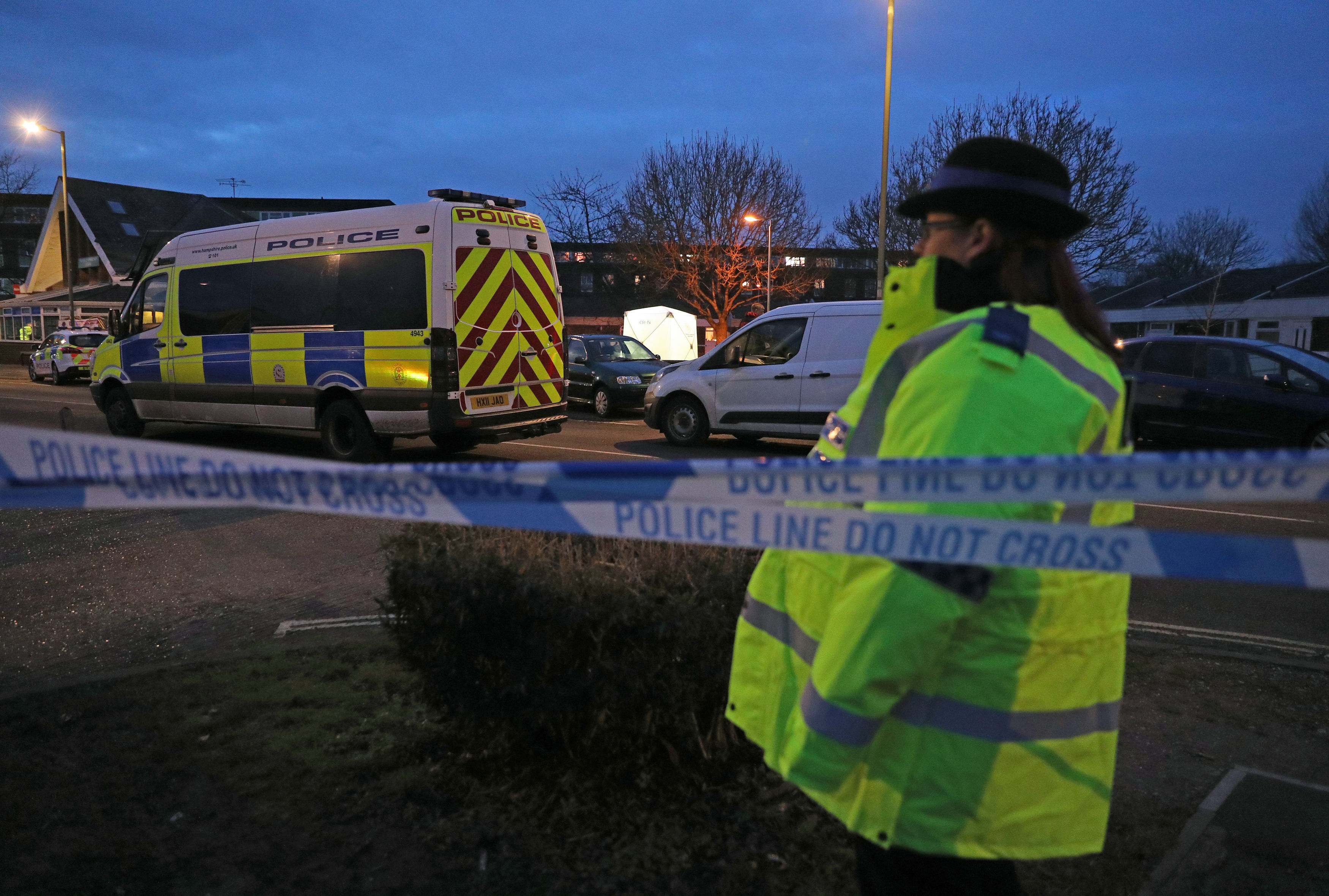 Police at the scene in Farnborough where a murder inquiry has been launched