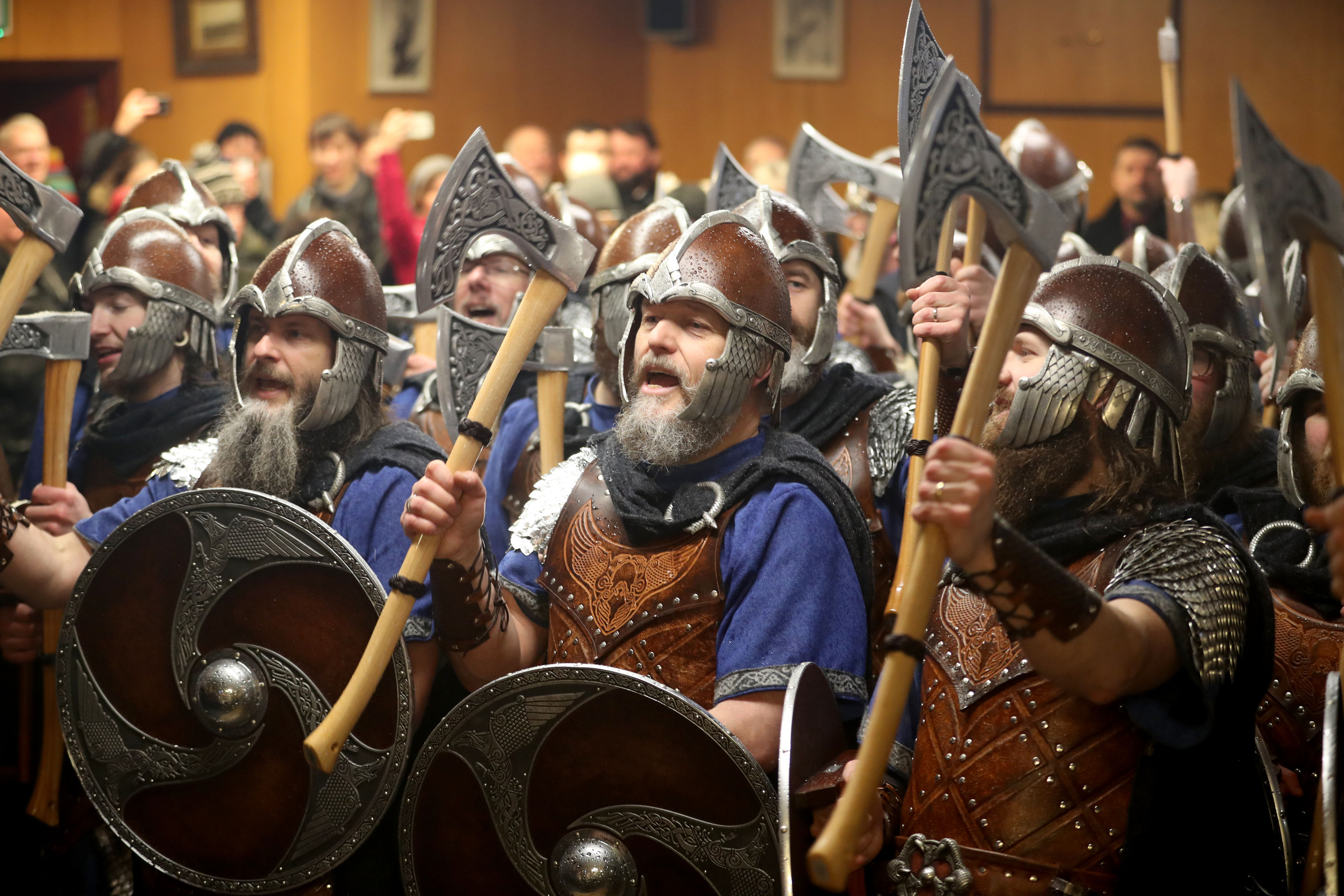 The Jarl Squad limbering up for Up Helly Aa (Jane Barlow/PA)