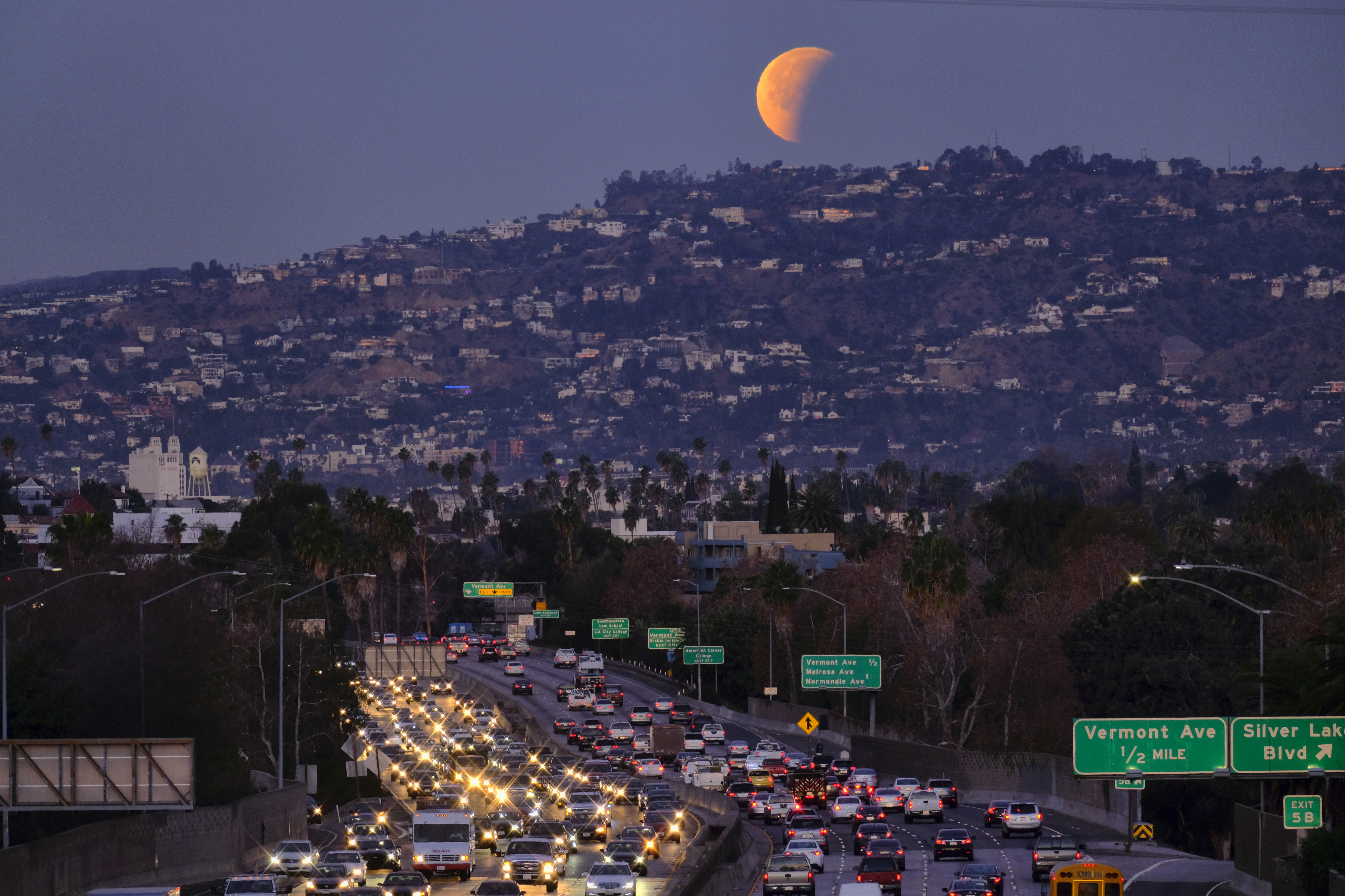The moon seen above Hollywood, Los Angeles