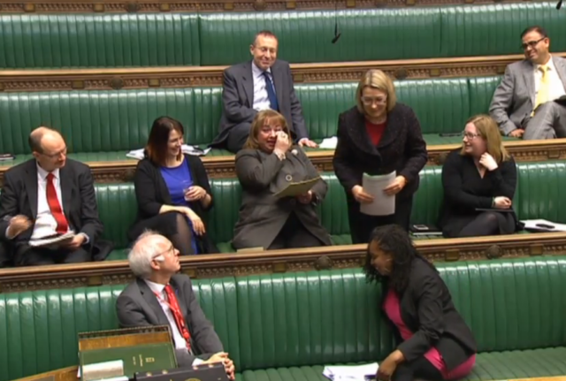 Labour MP Sharon Hodgson dabs her eyes as colleague Barbara Keeley intervenes on her speech 