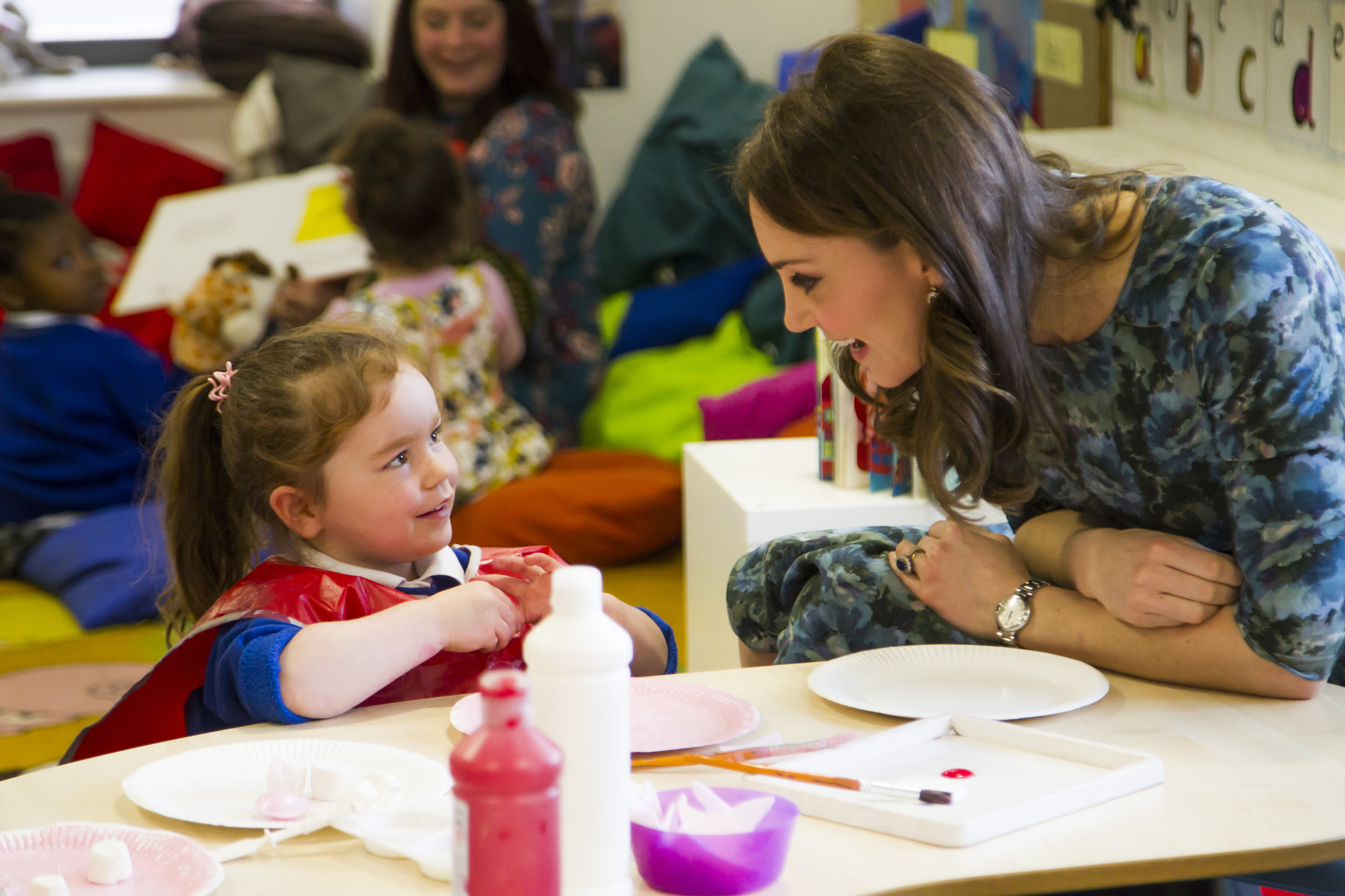 The Duchess of Cambridge with pupils, parents and teachers at the Reach Academy Feltham in London for Children's Mental Health Week. (Place2Be/PA)
