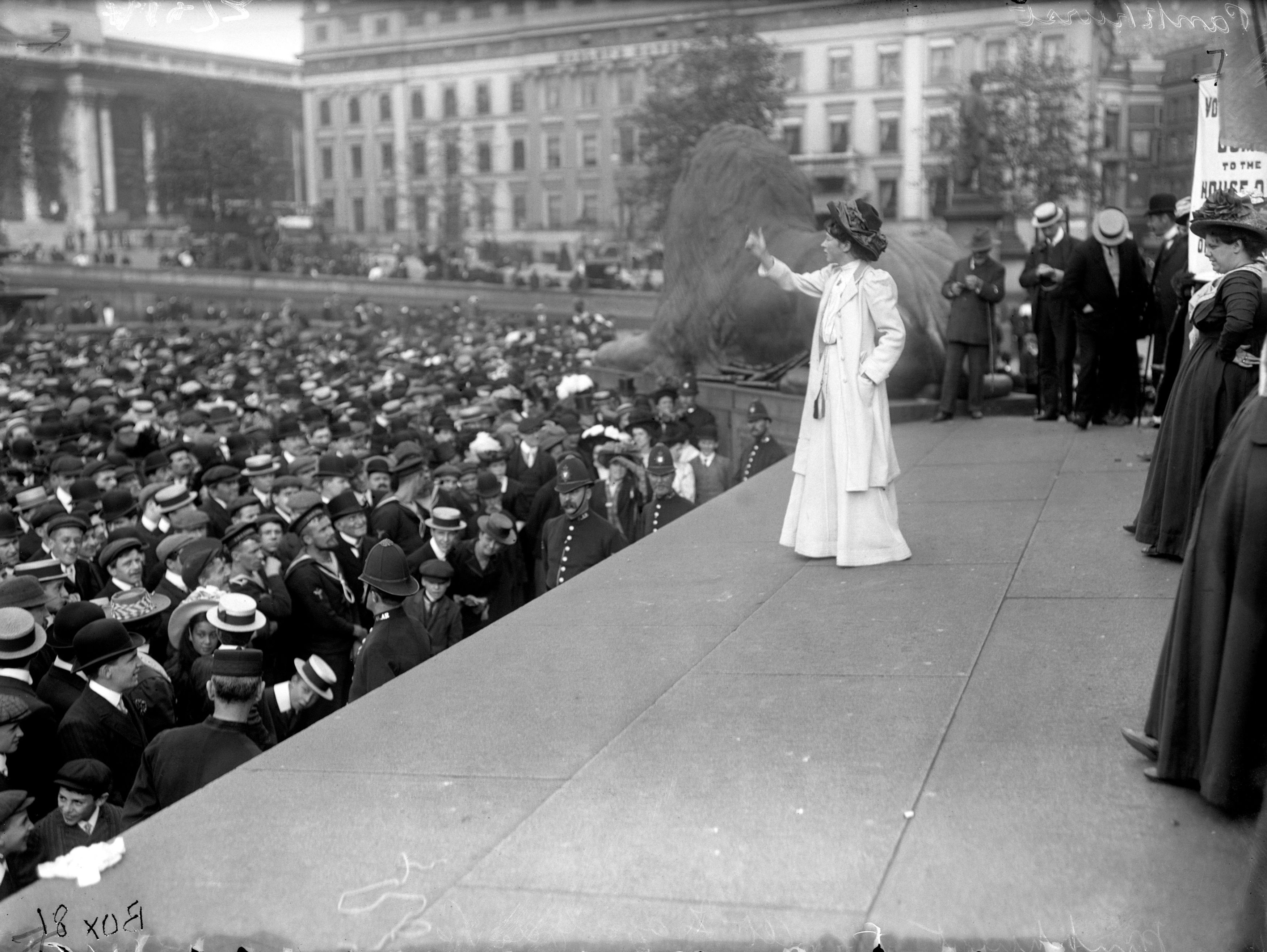 Suffragette Miss Pankhurst addressing the crowd in Trafalgar Square during a rally (PA)